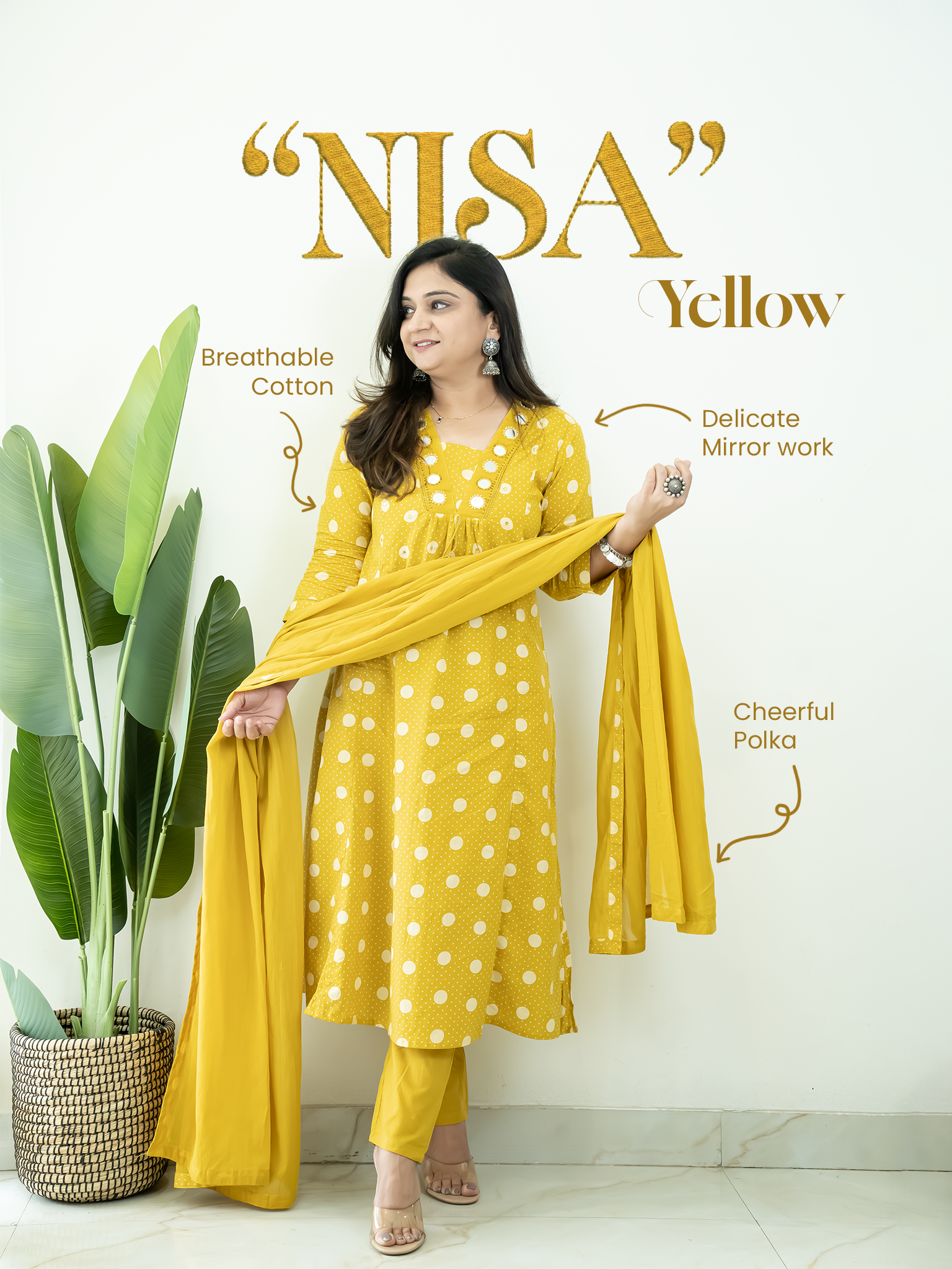Nisa Yellow Polka Mirror Detailed A-line Dupatta Set