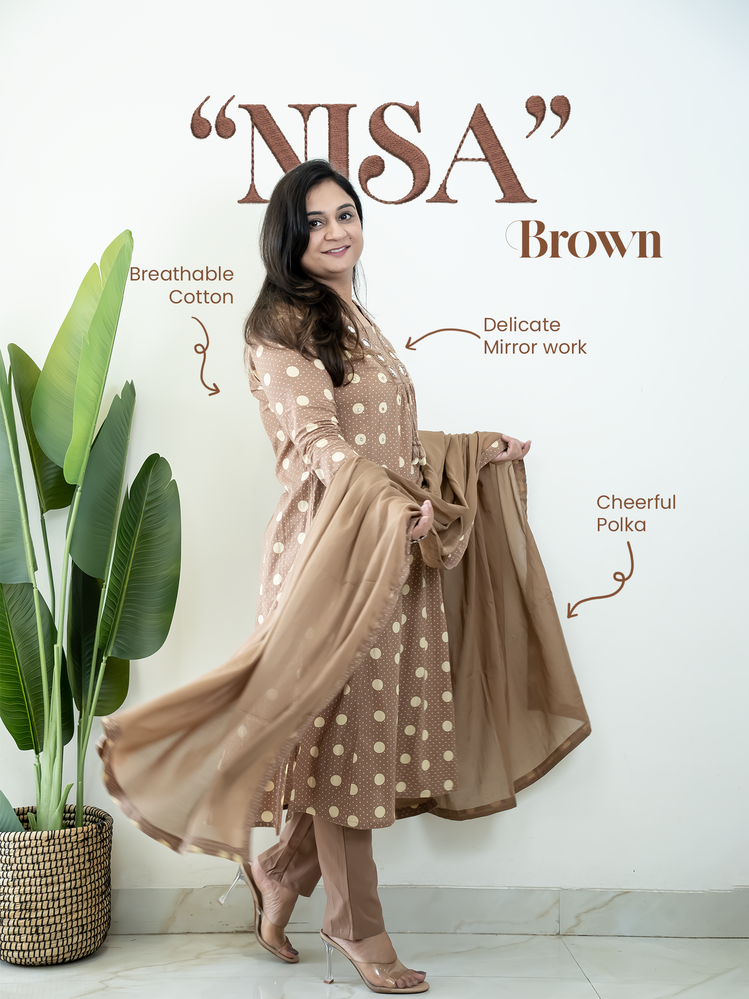 Nisa Brown Polka Mirror Detailed A-line Dupatta Set