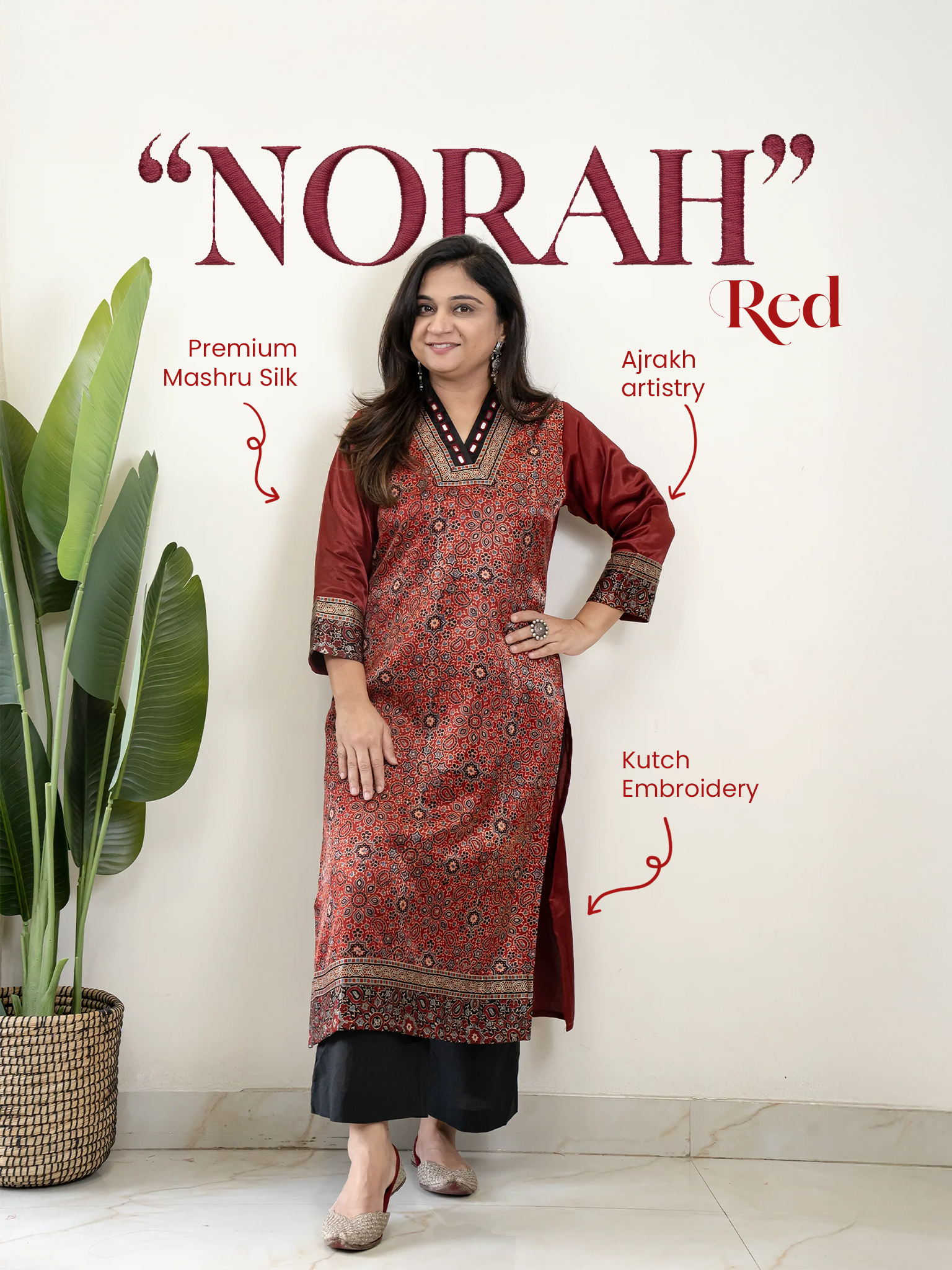 Norah Red Mashru Silk Embroidered Straight Kurta
