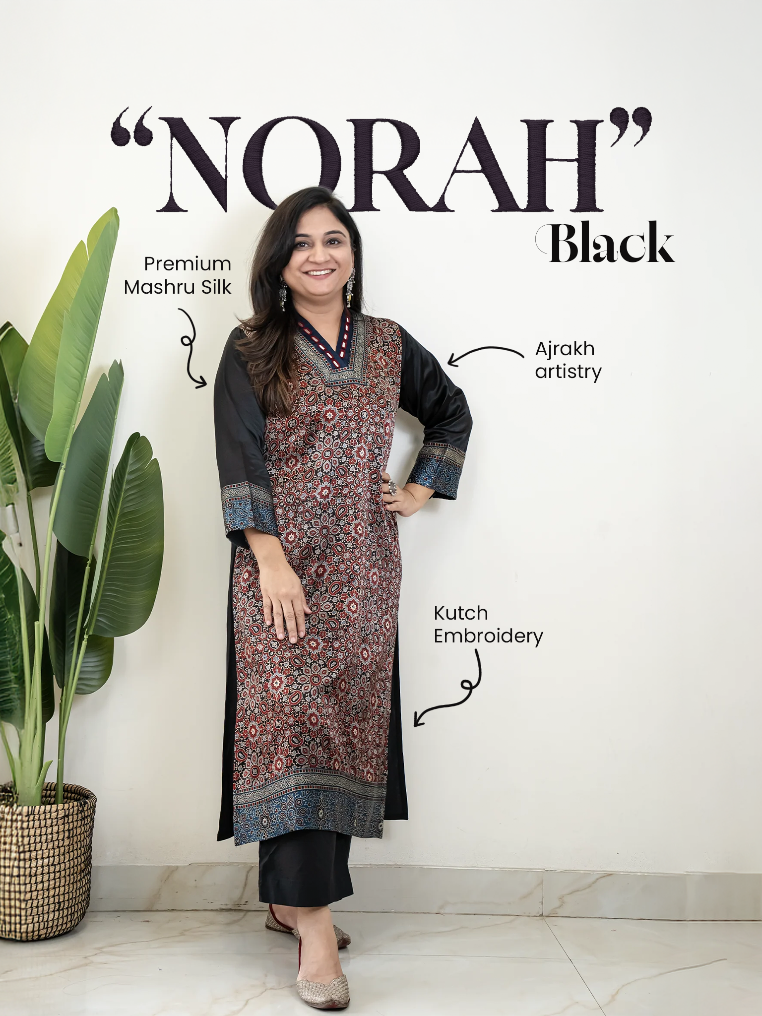 Norah Black Mashru Silk Embroidered Straight Kurta