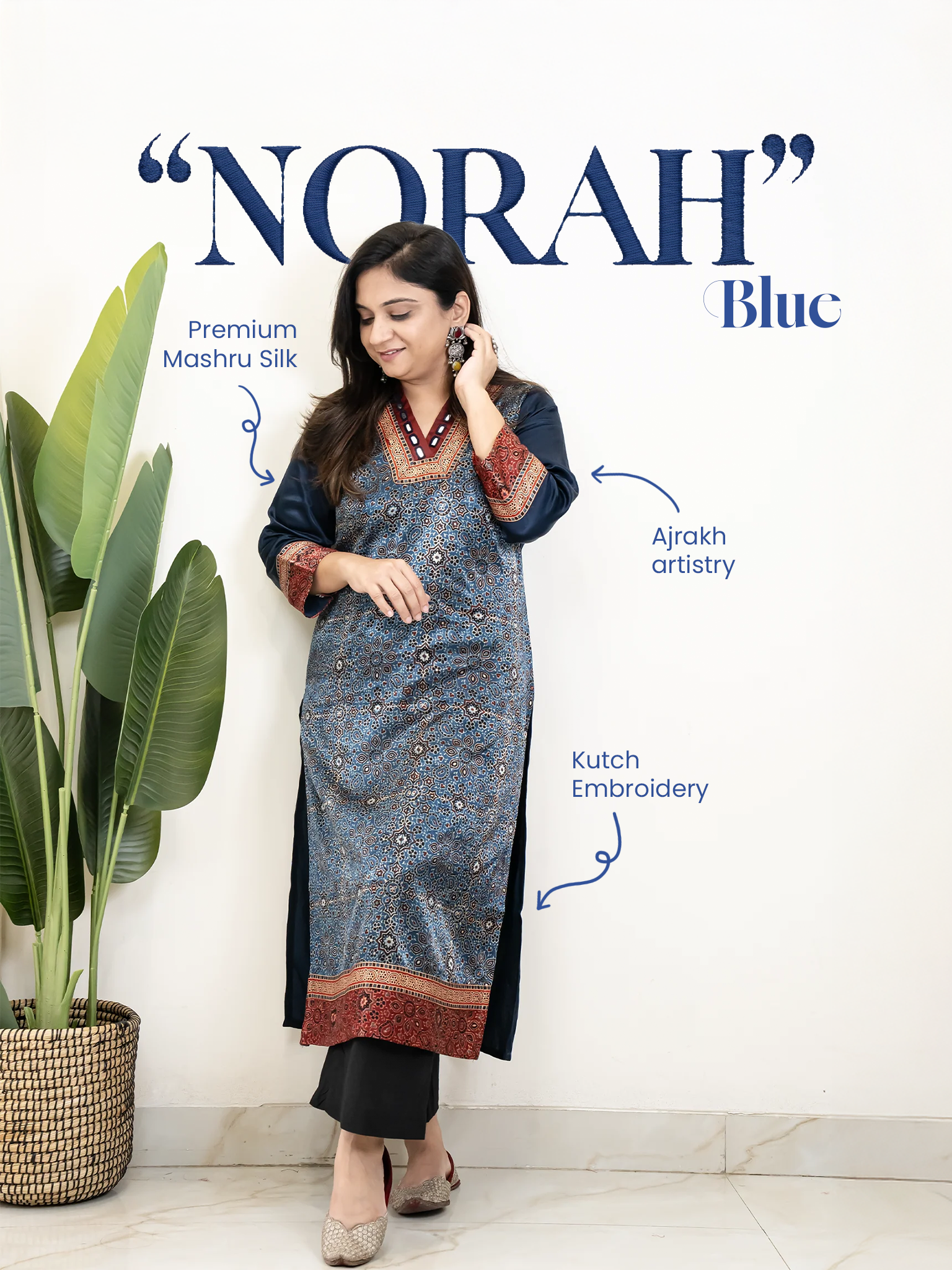 Norah Blue Mashru Silk Embroidered Straight Kurta