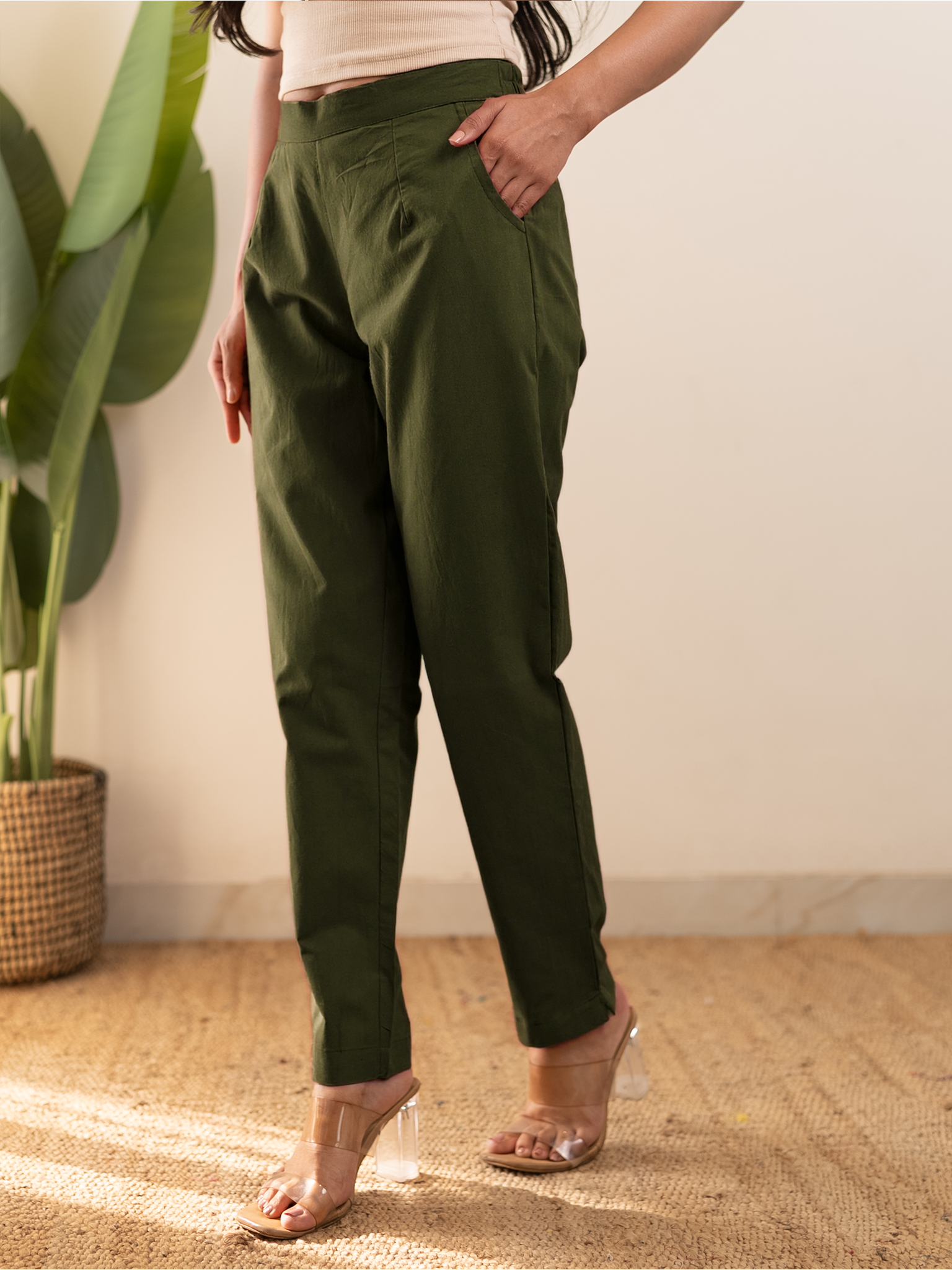 All-Day Cotton Straight Pant for Women-Olive Green