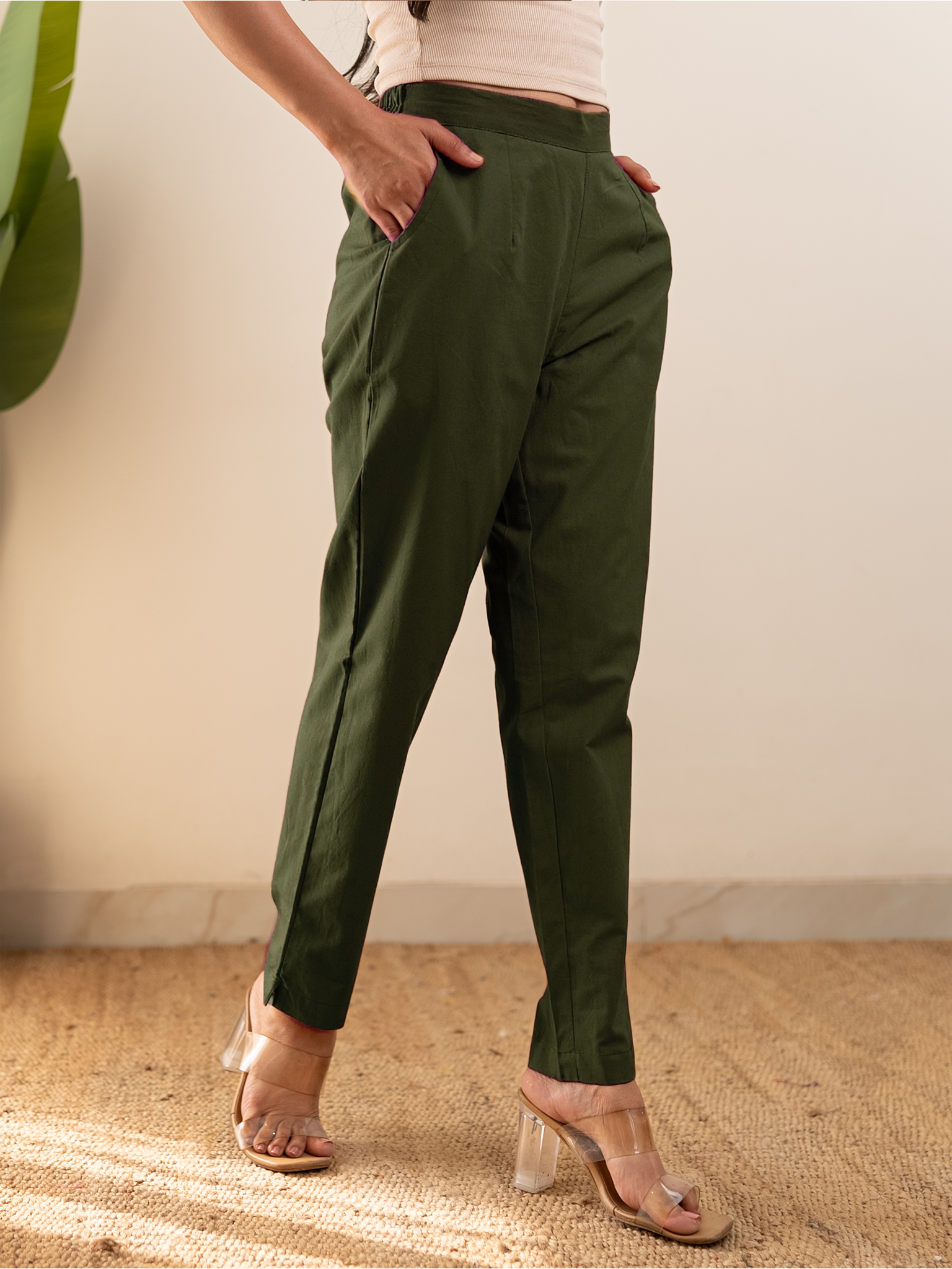 All-Day Cotton Straight Pant for Women-Olive Green