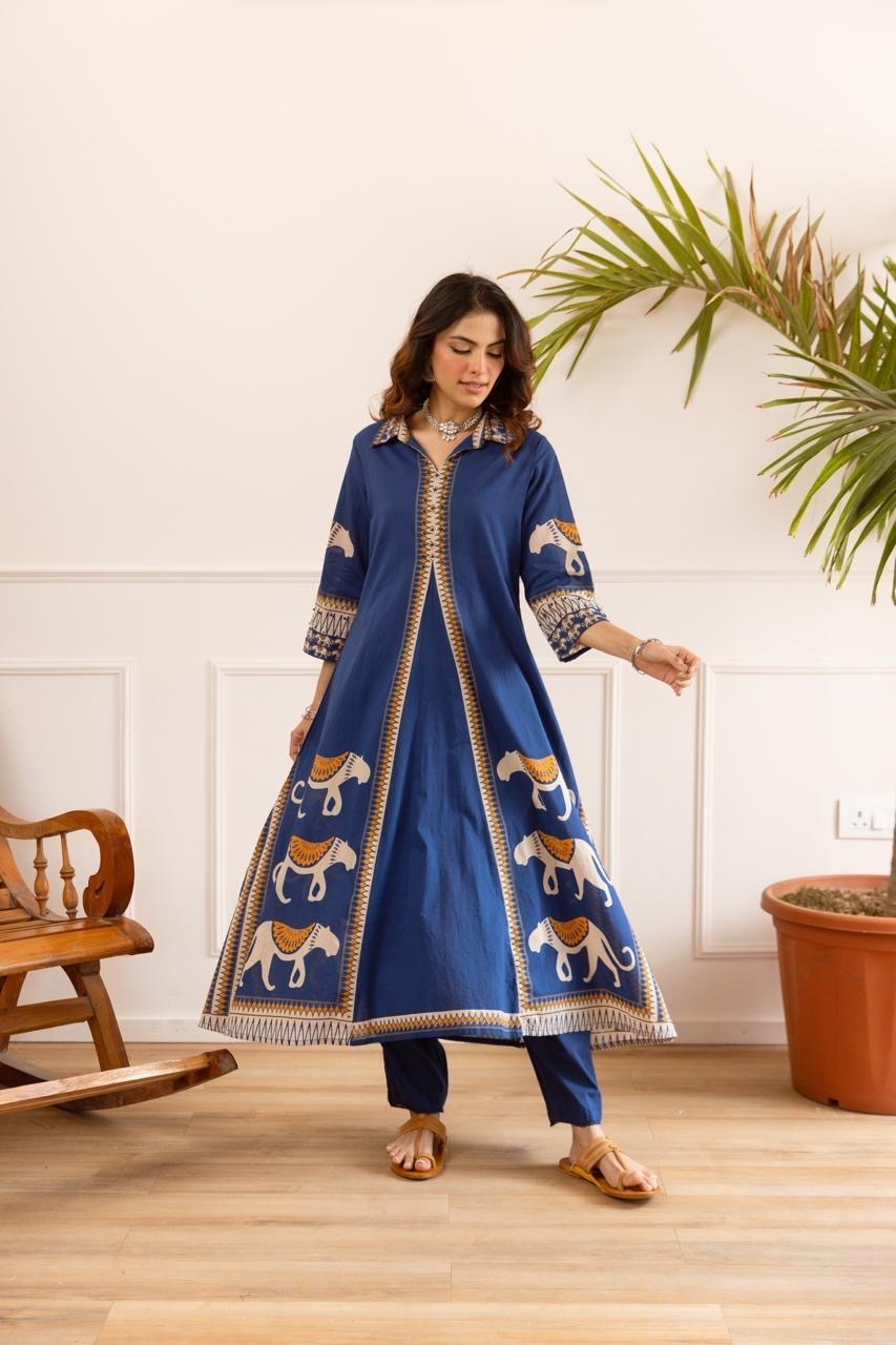 Kiara Blue Tribal Bagh Cotton BeadWork Kurta Set