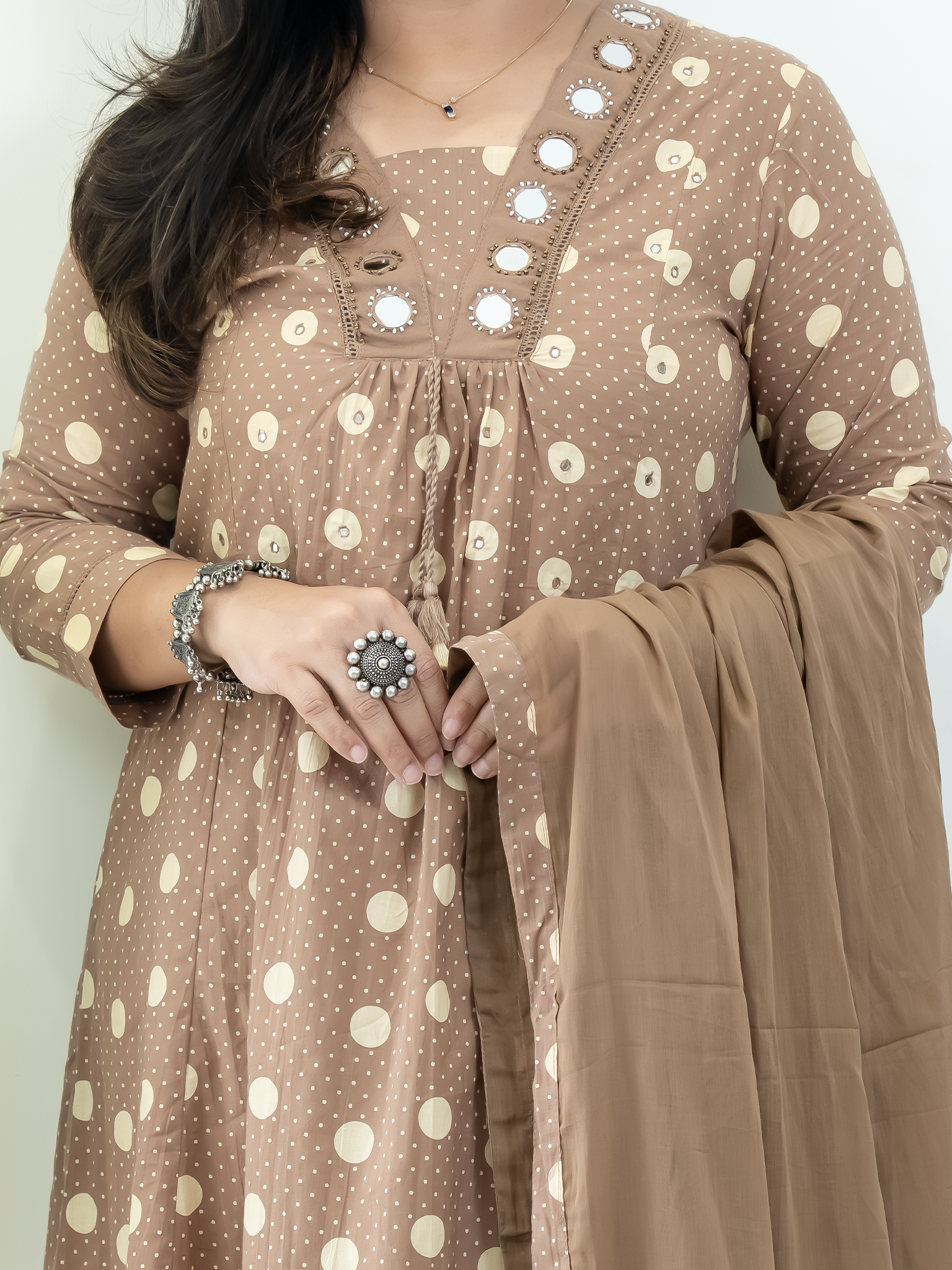 Nisa Brown Polka Mirror Detailed A-line Dupatta Set