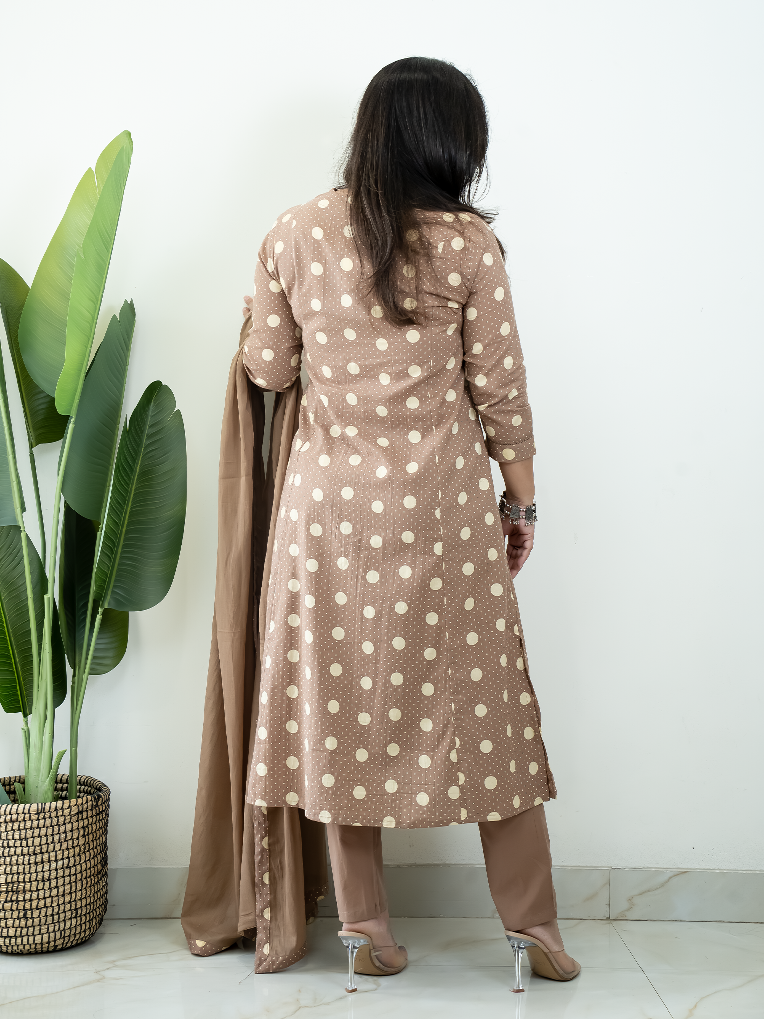 Nisa Brown Polka Mirror Detailed A-line Dupatta Set