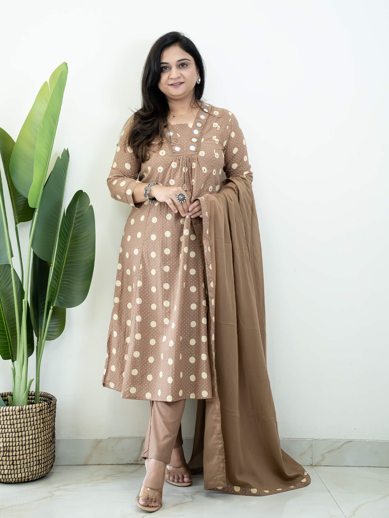 Nisa Brown Polka Mirror Detailed A-line Dupatta Set