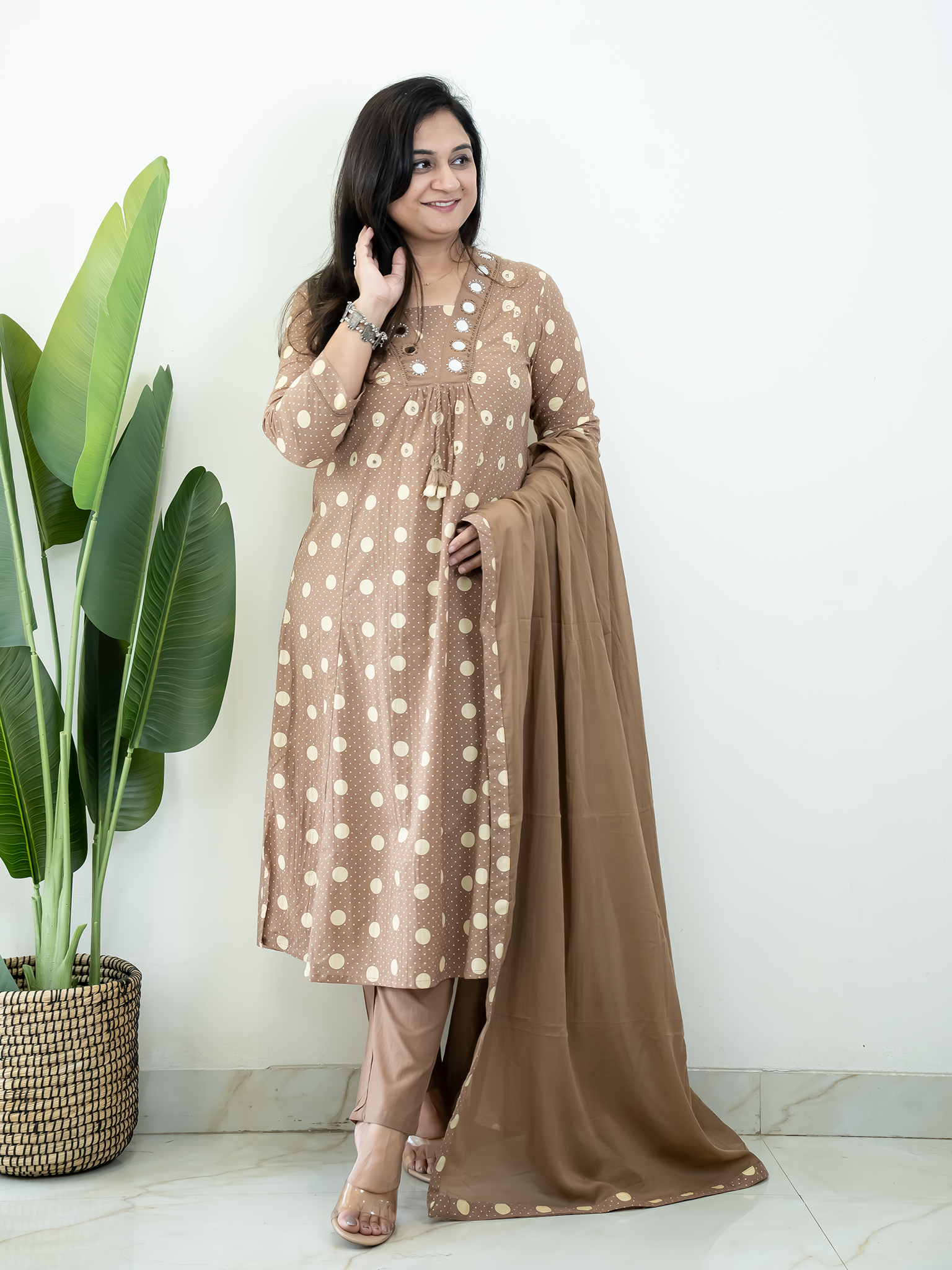 Nisa Brown Polka Mirror Detailed A-line Dupatta Set