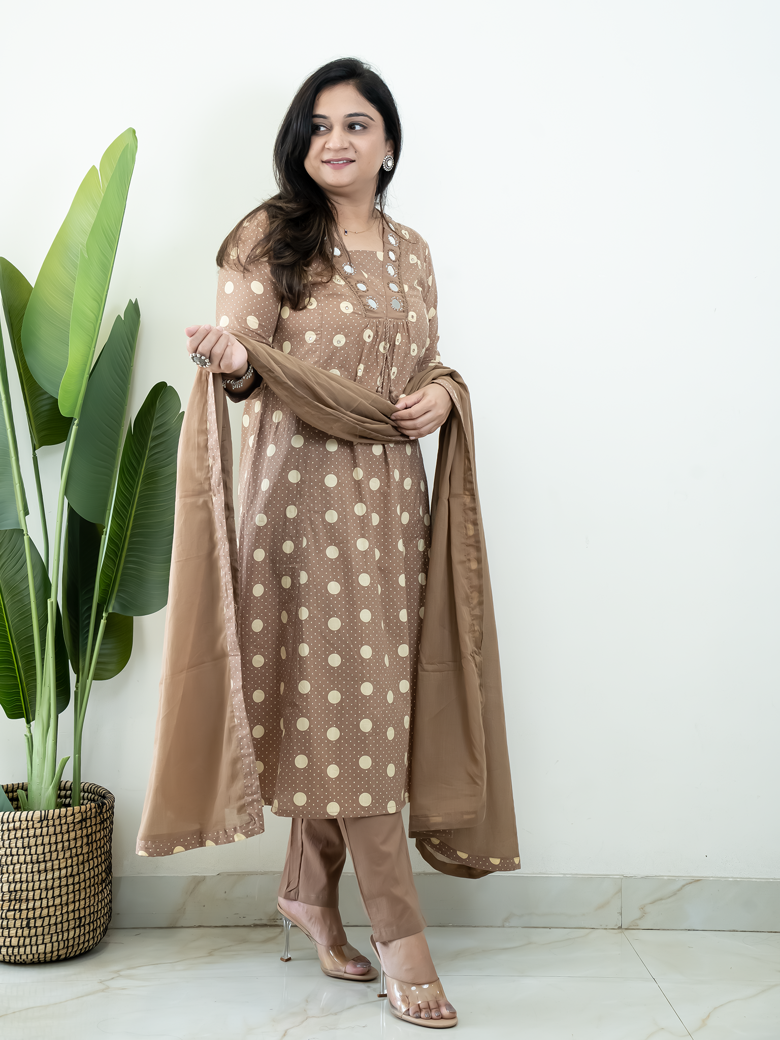 Nisa Brown Polka Mirror Detailed A-line Dupatta Set