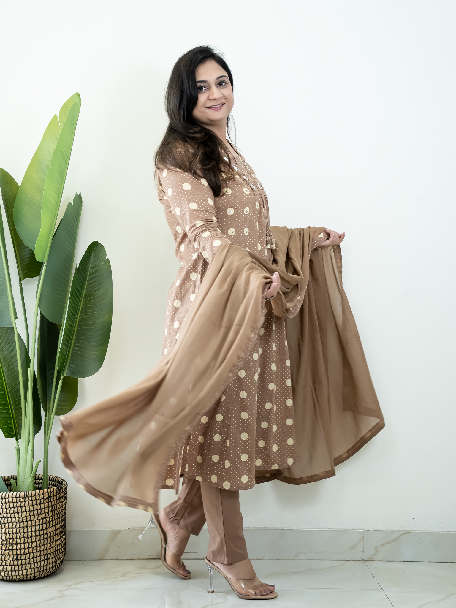 Nisa Brown Polka Mirror Detailed A-line Dupatta Set