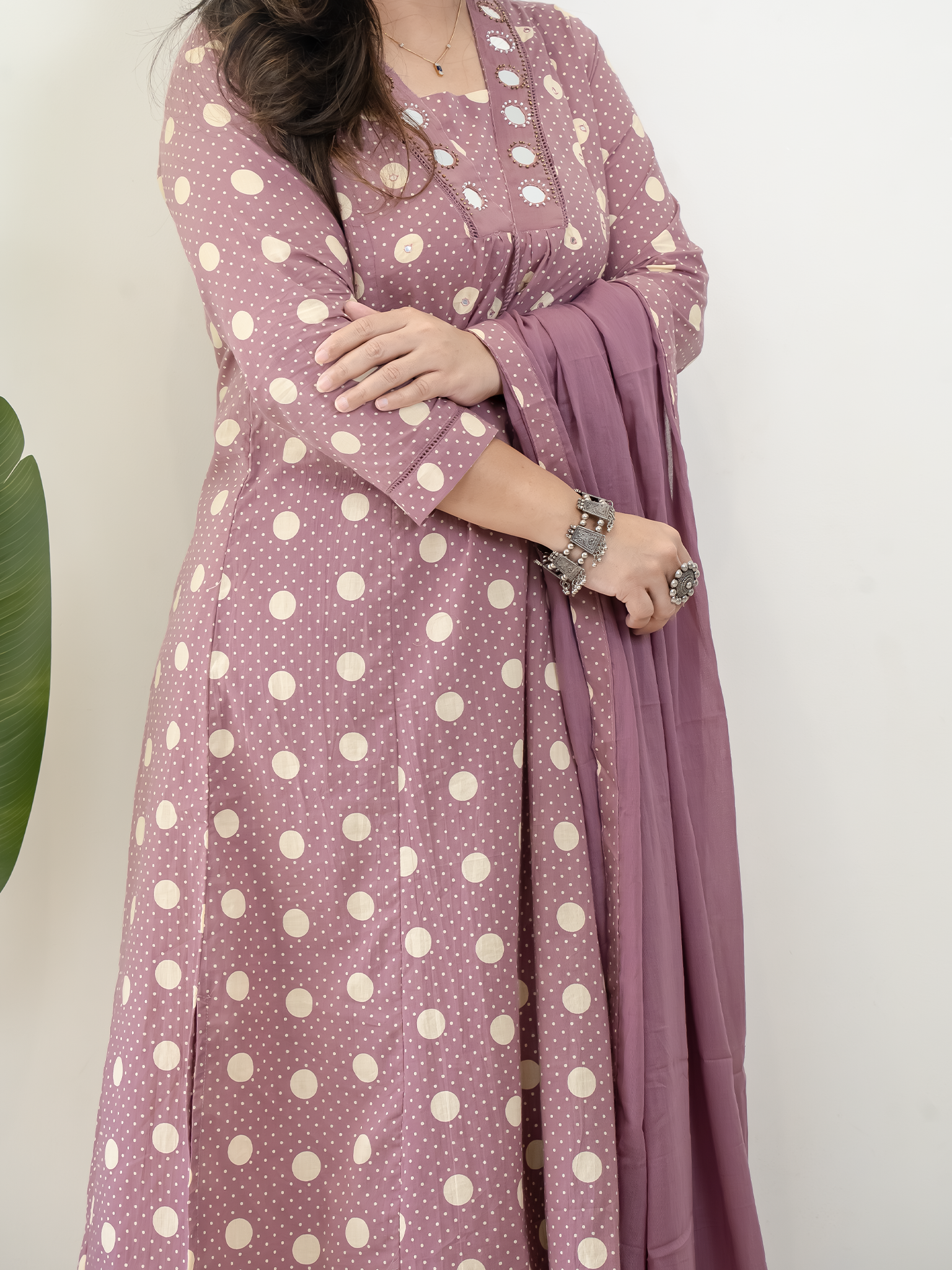 Nisa Mauve Polka Mirror Detailed A-line Dupatta Set