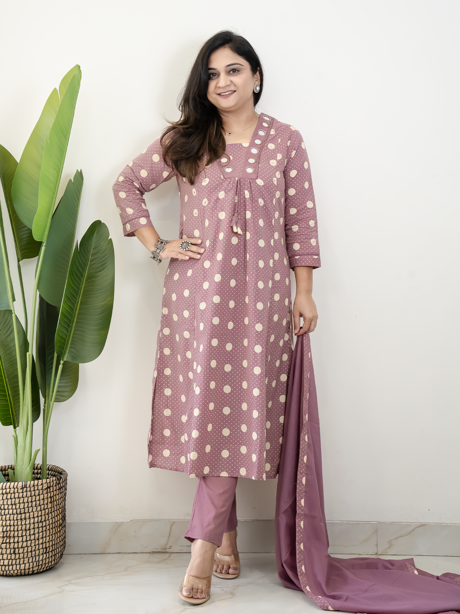 Nisa Mauve Polka Mirror Detailed A-line Dupatta Set