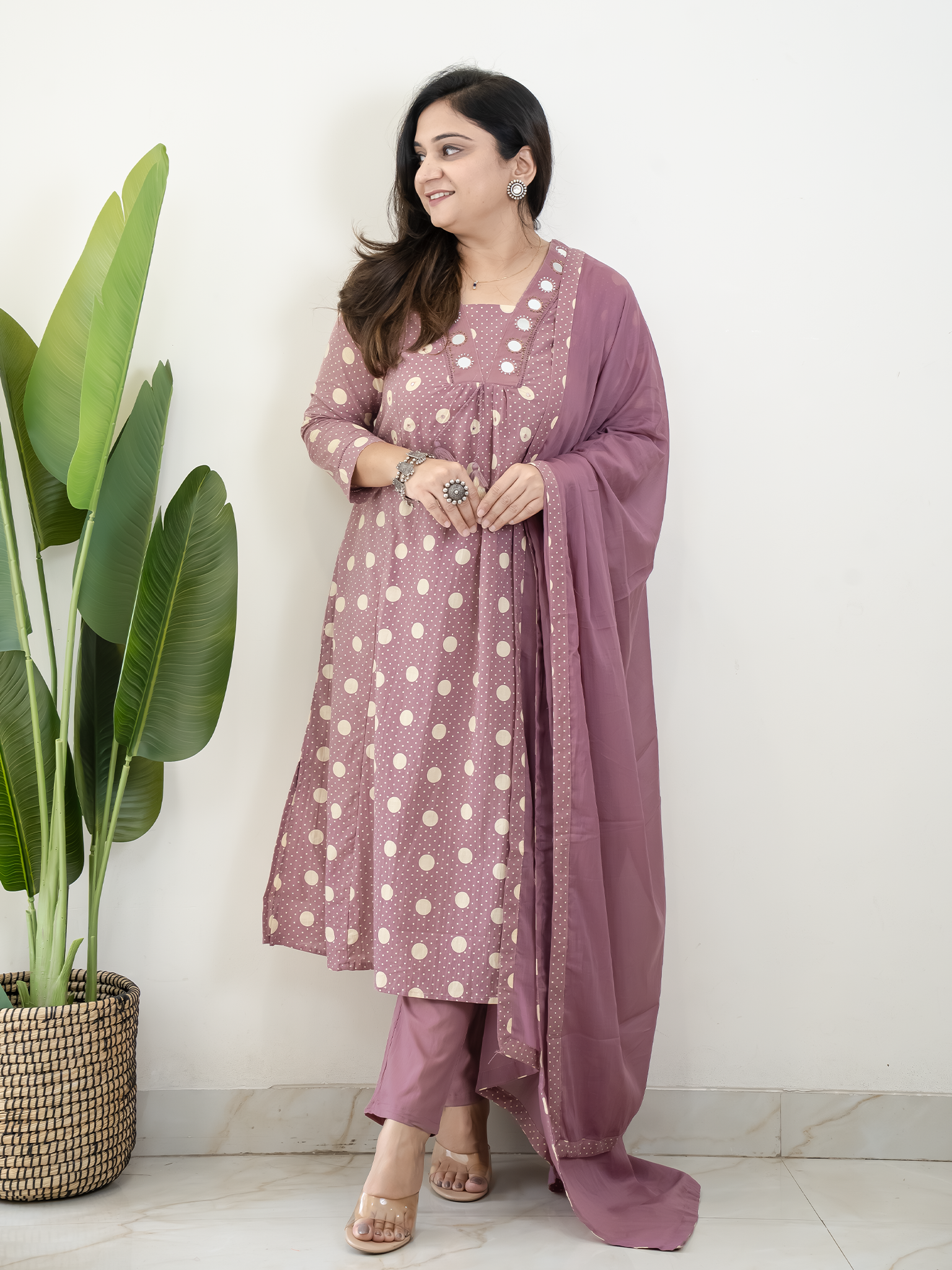 Nisa Mauve Polka Mirror Detailed A-line Dupatta Set