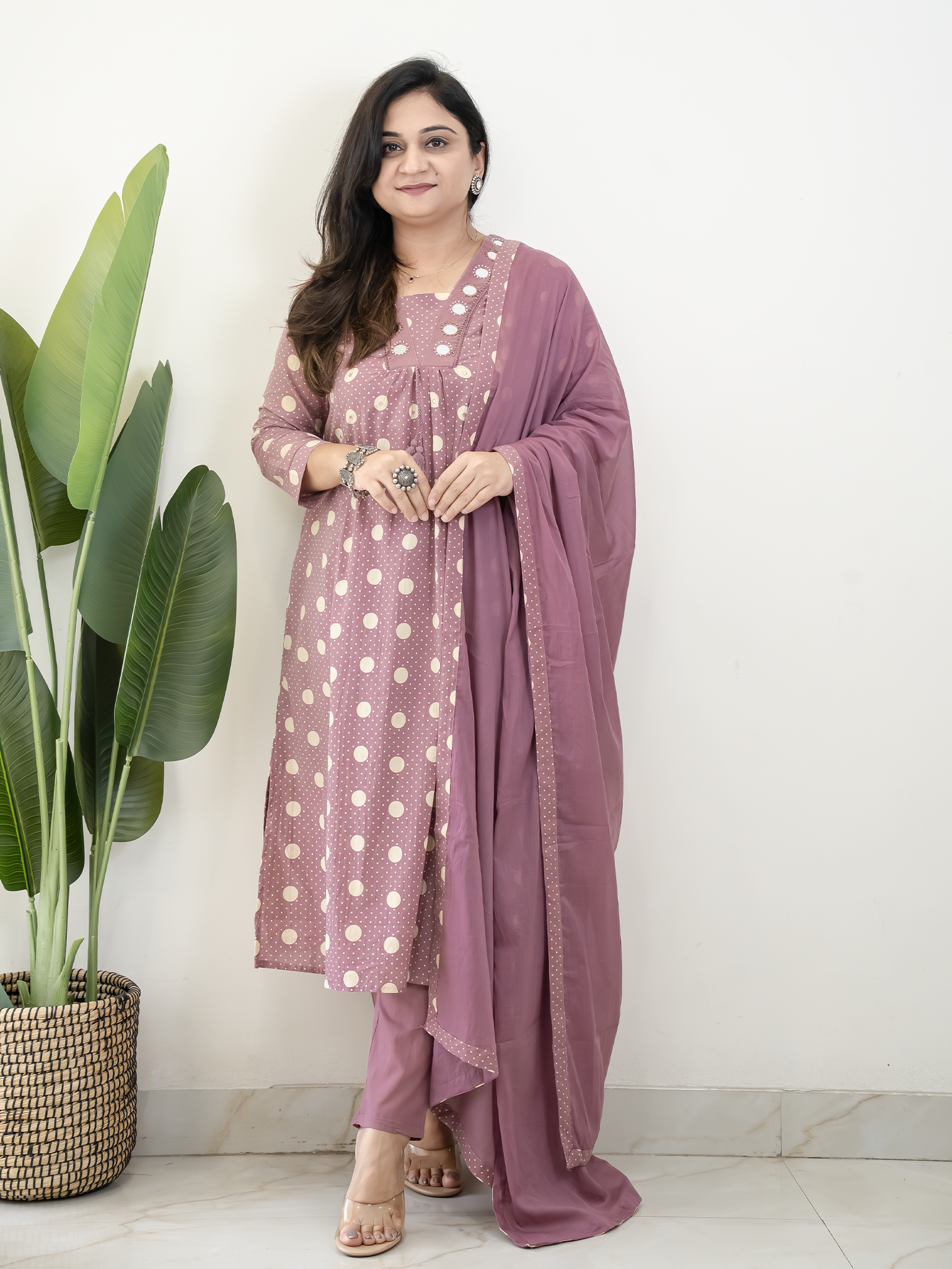Nisa Mauve Polka Mirror Detailed A-line Dupatta Set