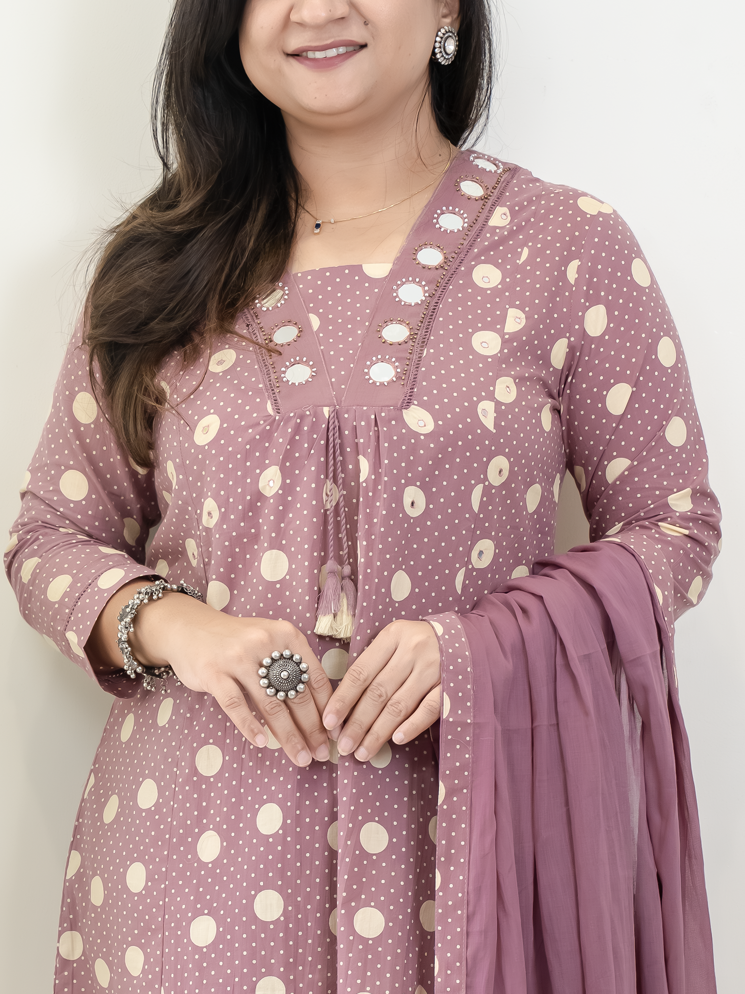 Nisa Mauve Polka Mirror Detailed A-line Dupatta Set