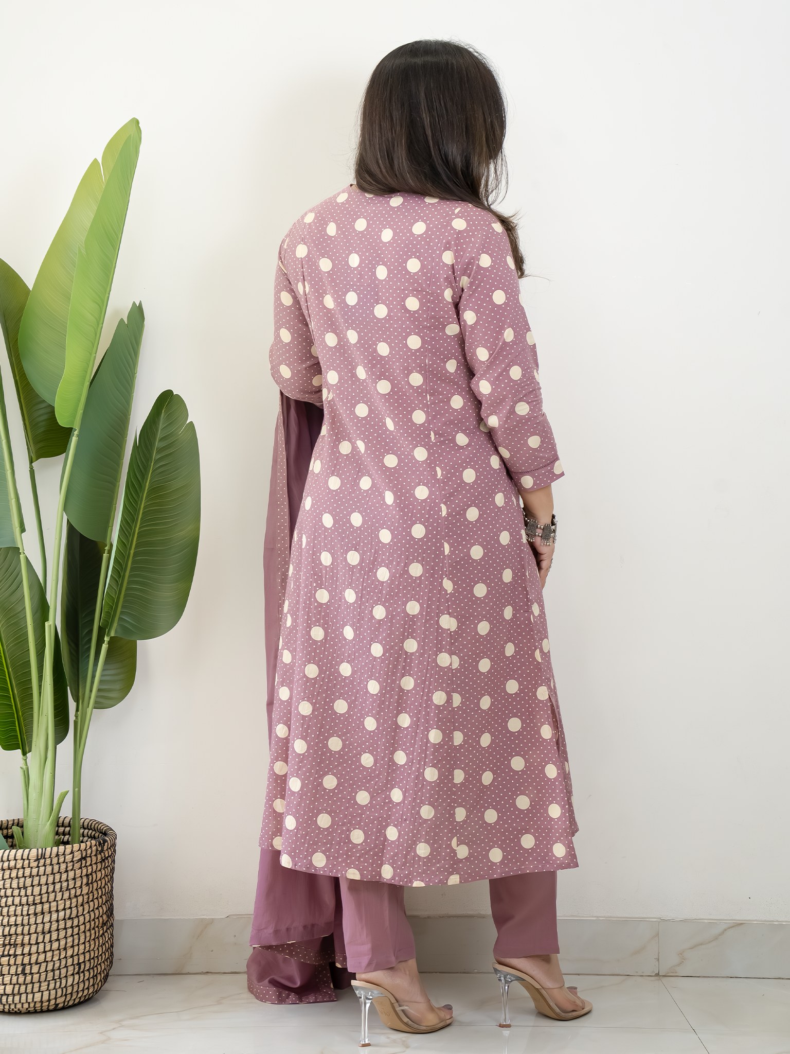 Nisa Mauve Polka Mirror Detailed A-line Dupatta Set