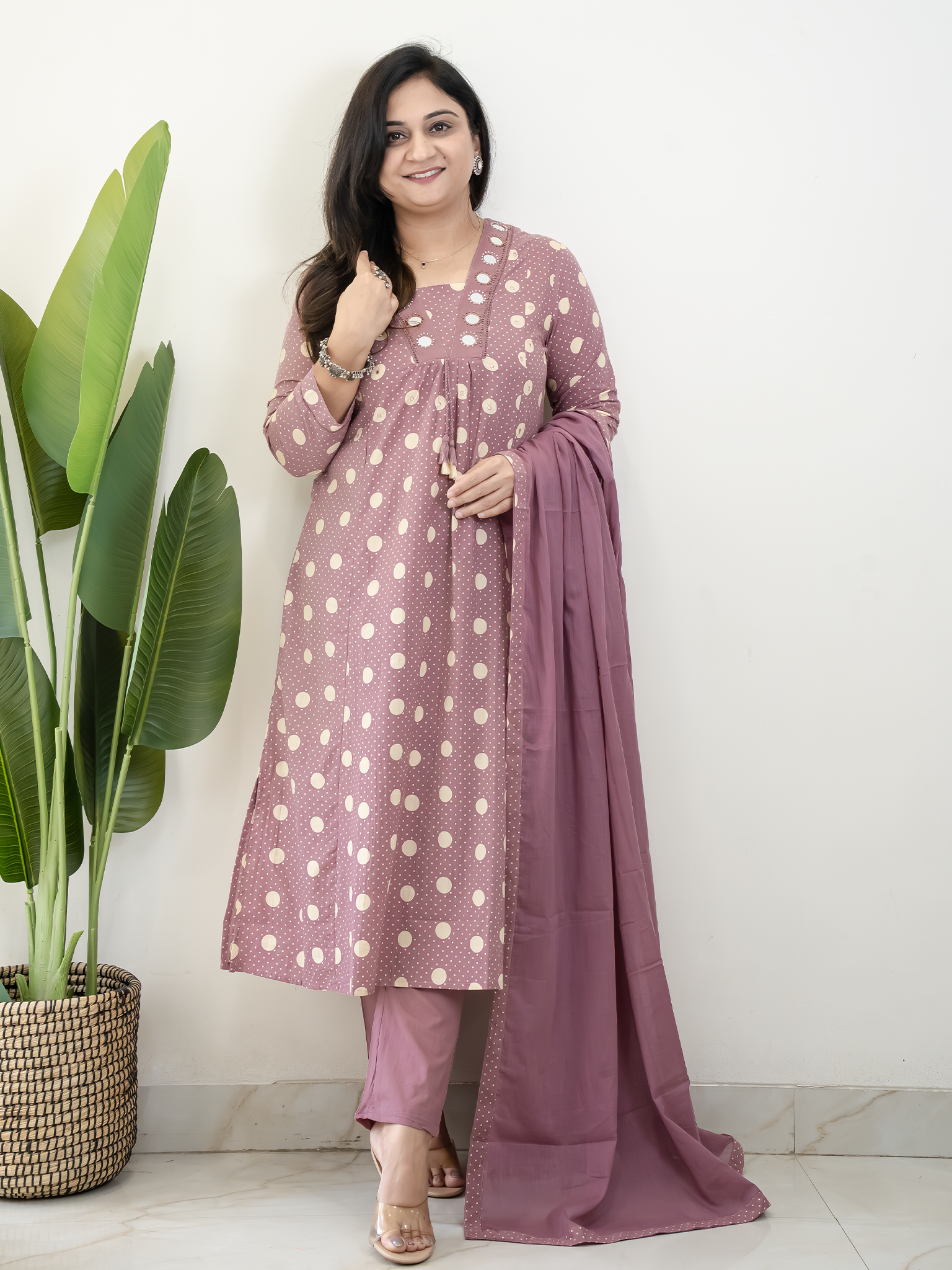 Nisa Mauve Polka Mirror Detailed A-line Dupatta Set