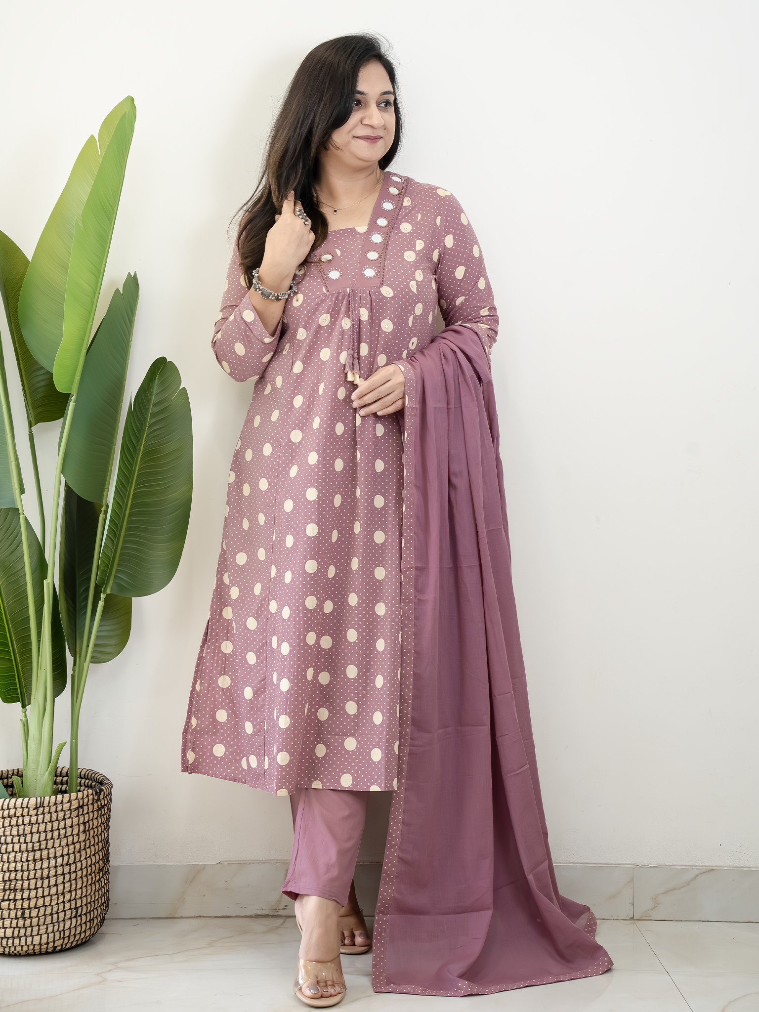 Nisa Mauve Polka Mirror Detailed A-line Dupatta Set