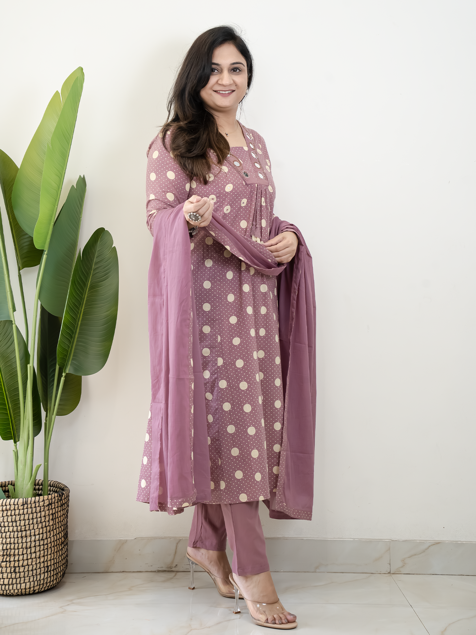 Nisa Mauve Polka Mirror Detailed A-line Dupatta Set