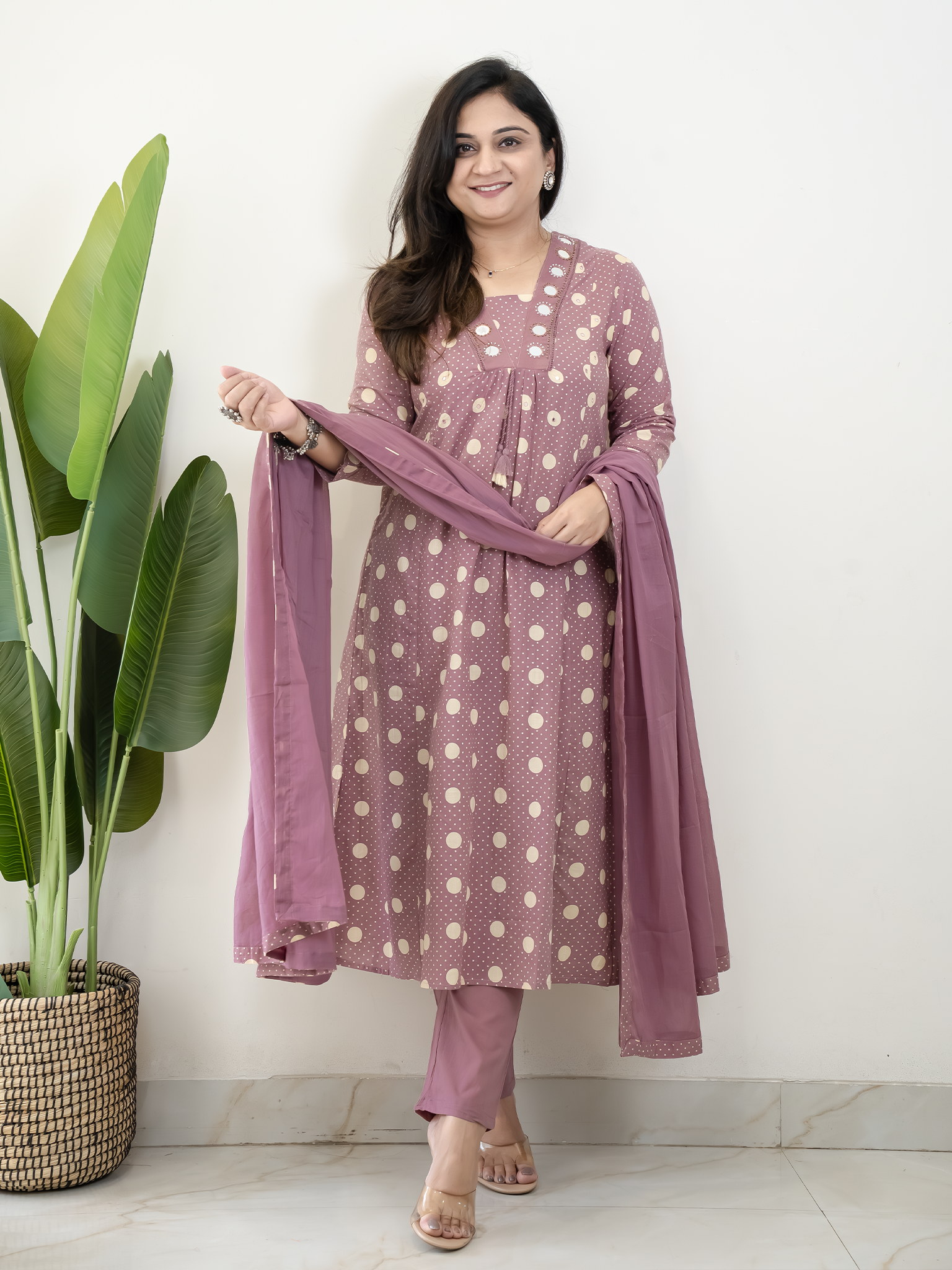 Nisa Mauve Polka Mirror Detailed A-line Dupatta Set