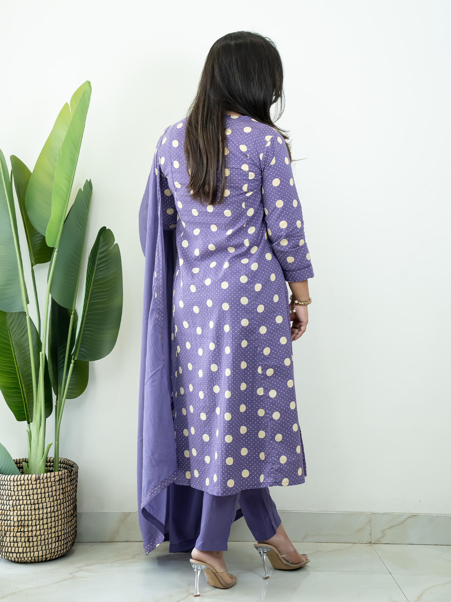 Nisa Purple Polka Mirror Detailed A-line Dupatta Set