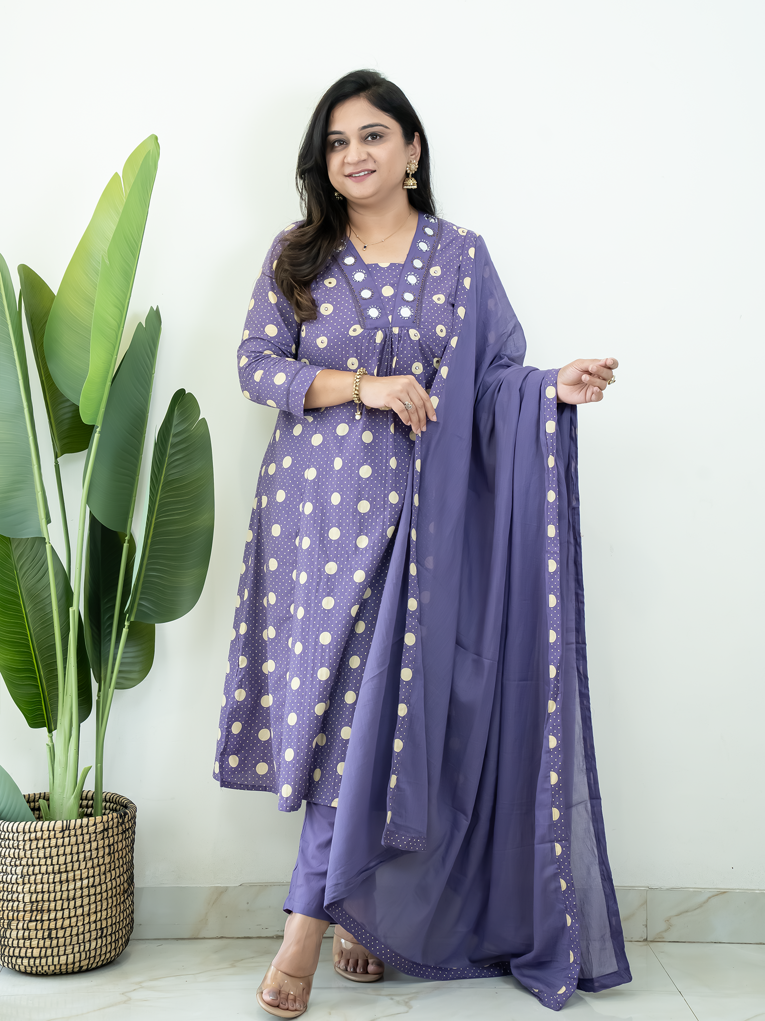 Nisa Purple Polka Mirror Detailed A-line Dupatta Set