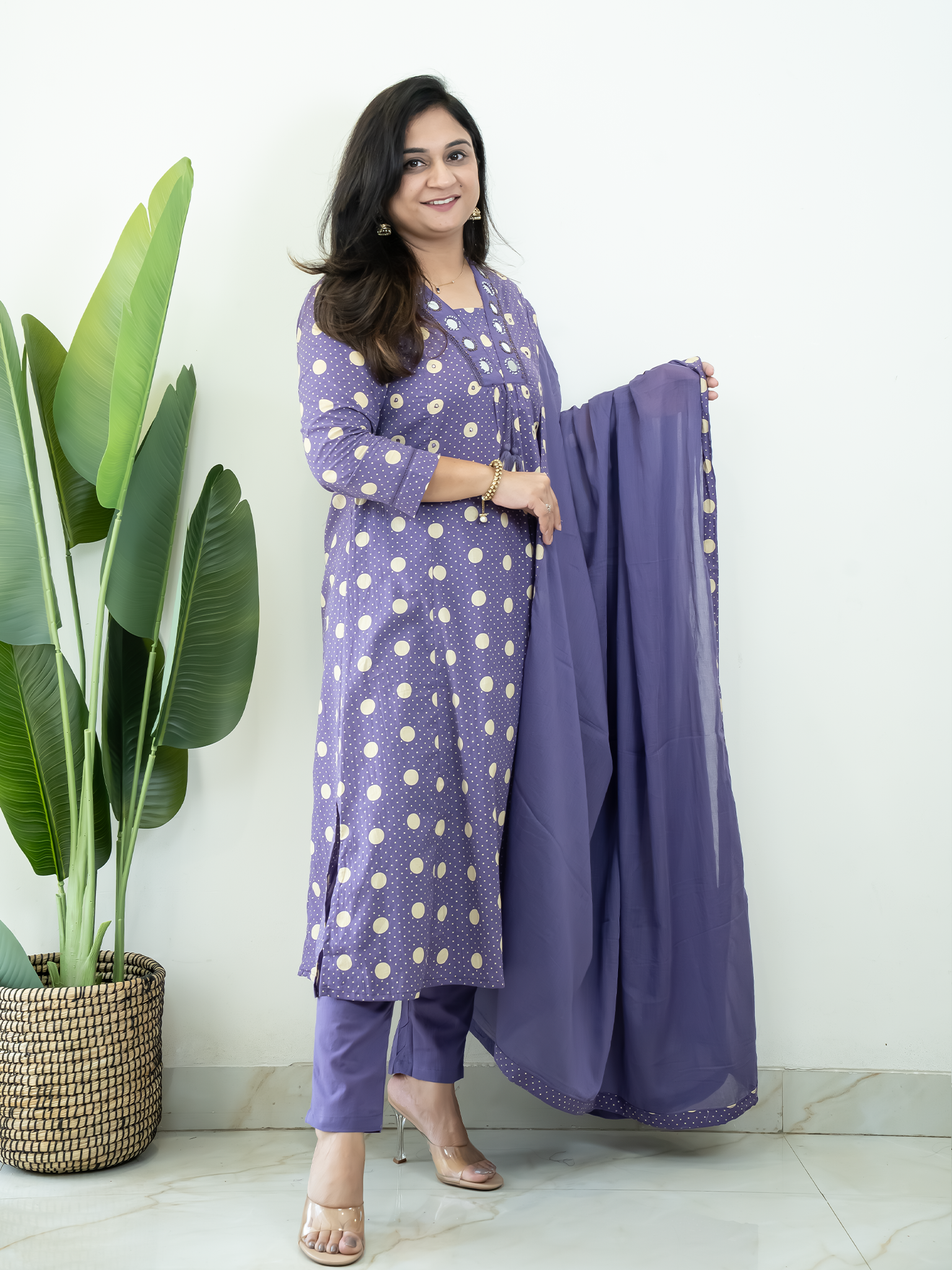 Nisa Purple Polka Mirror Detailed A-line Dupatta Set