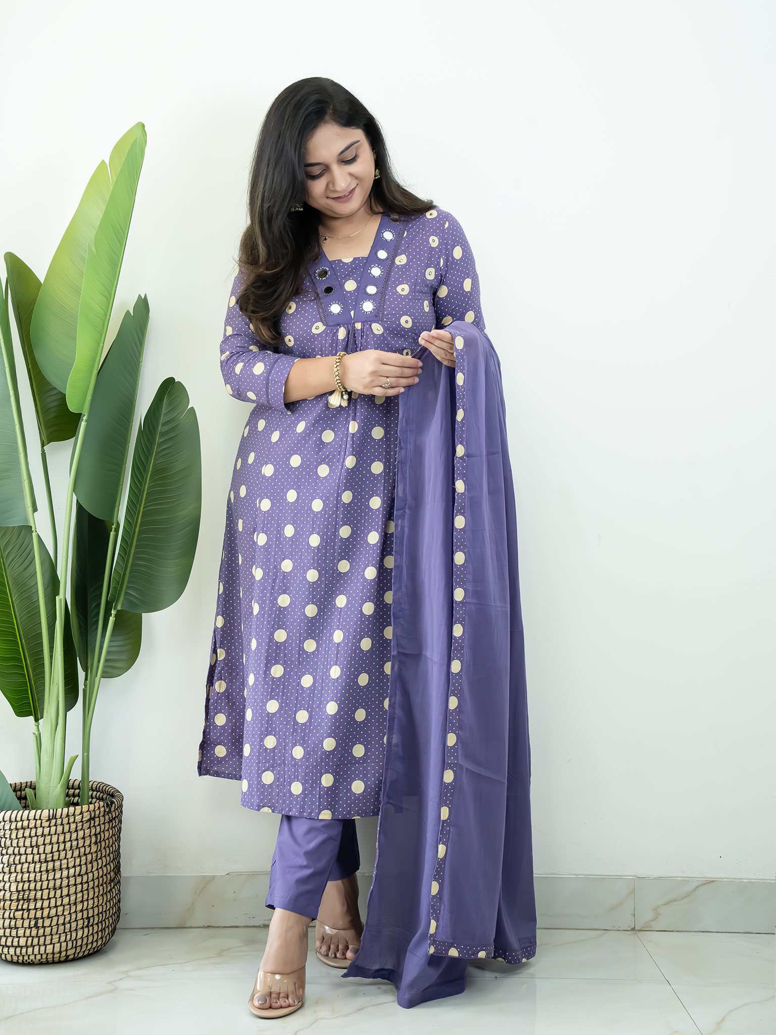 Nisa Purple Polka Mirror Detailed A-line Dupatta Set