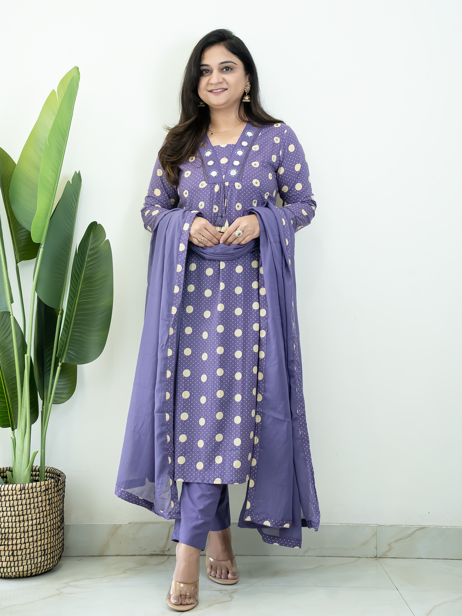 Nisa Purple Polka Mirror Detailed A-line Dupatta Set