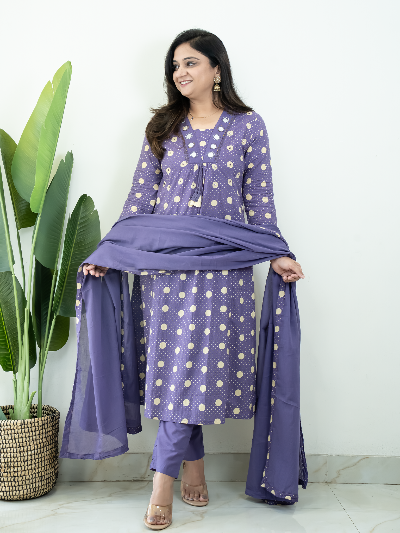 Nisa Purple Polka Mirror Detailed A-line Dupatta Set