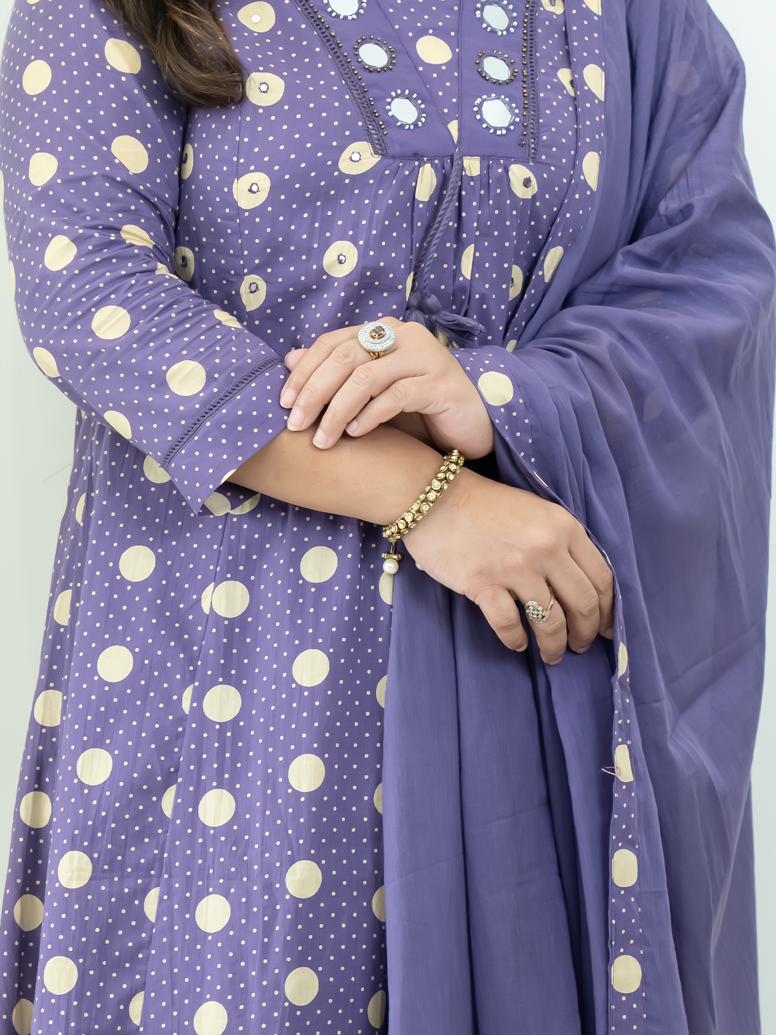 Nisa Purple Polka Mirror Detailed A-line Dupatta Set