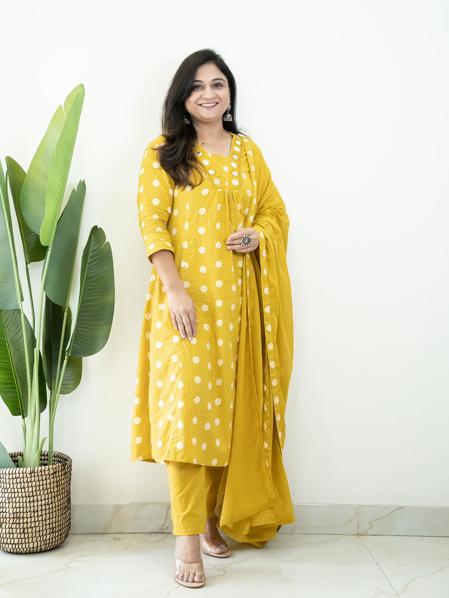 Nisa Yellow Polka Mirror Detailed A-line Dupatta Set