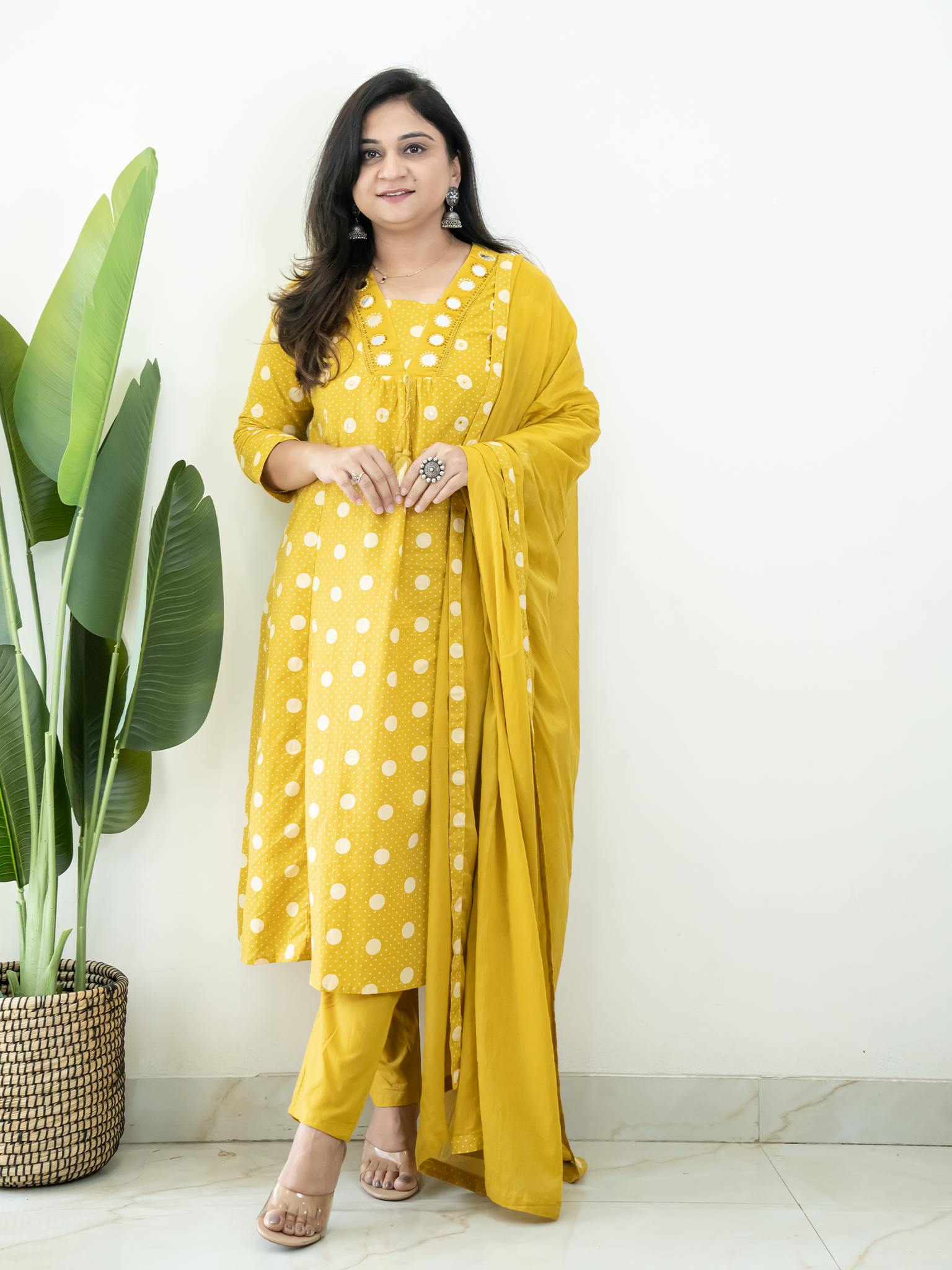 Nisa Yellow Polka Mirror Detailed A-line Dupatta Set