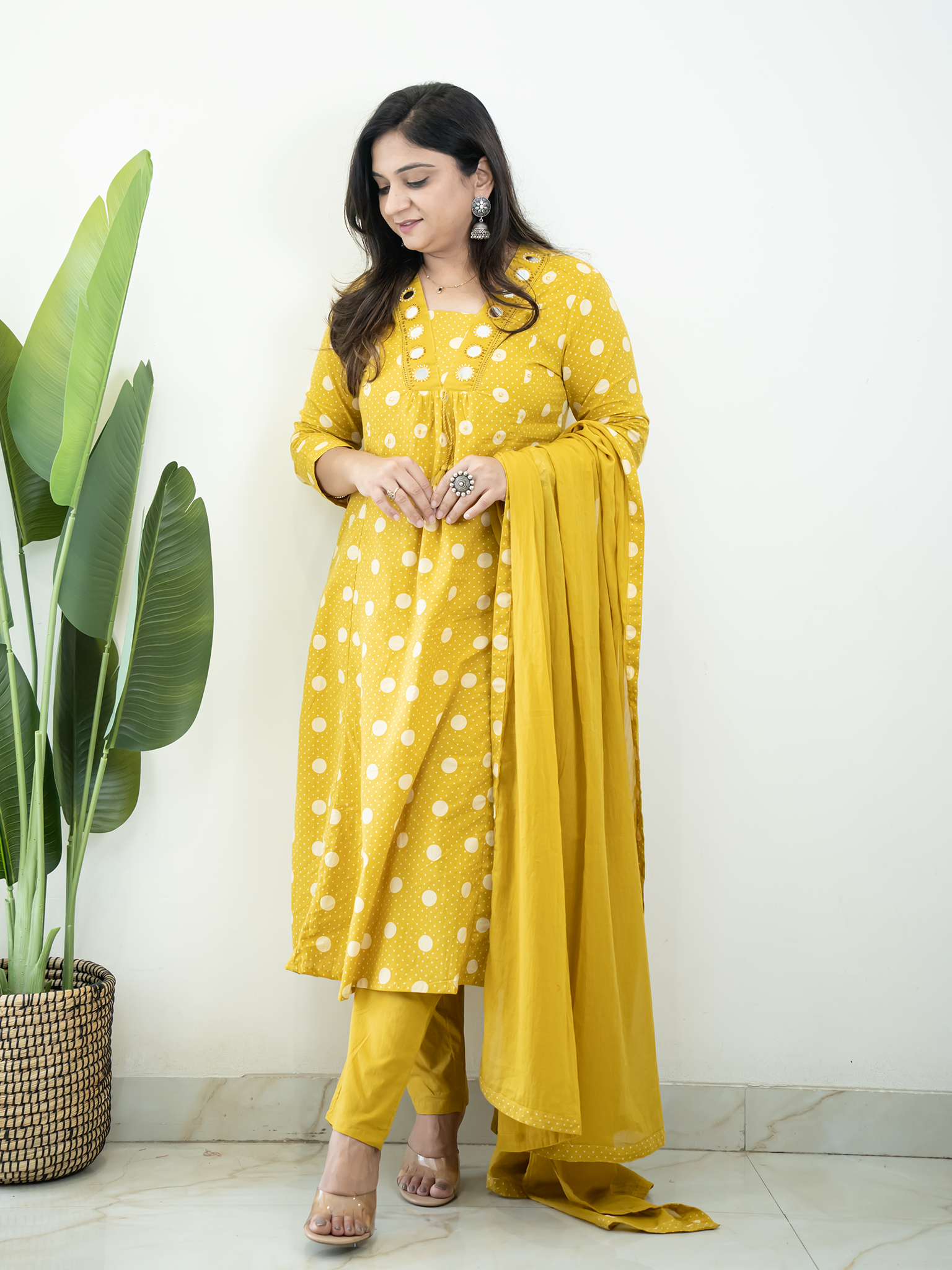 Nisa Yellow Polka Mirror Detailed A-line Dupatta Set