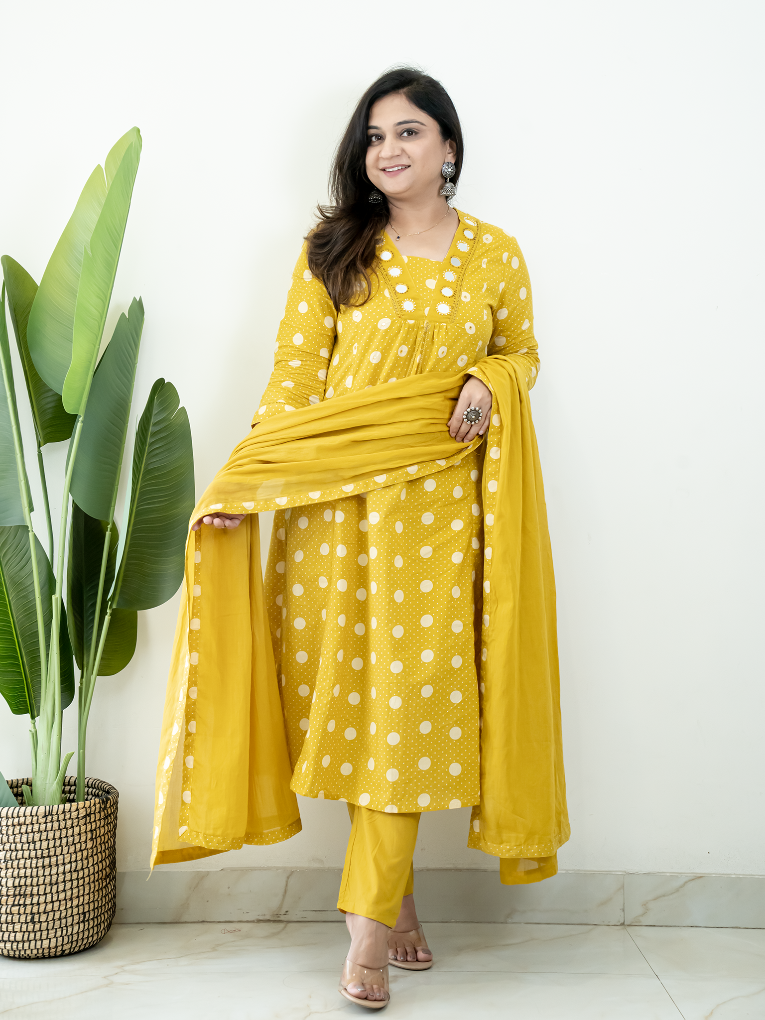 Nisa Yellow Polka Mirror Detailed A-line Dupatta Set