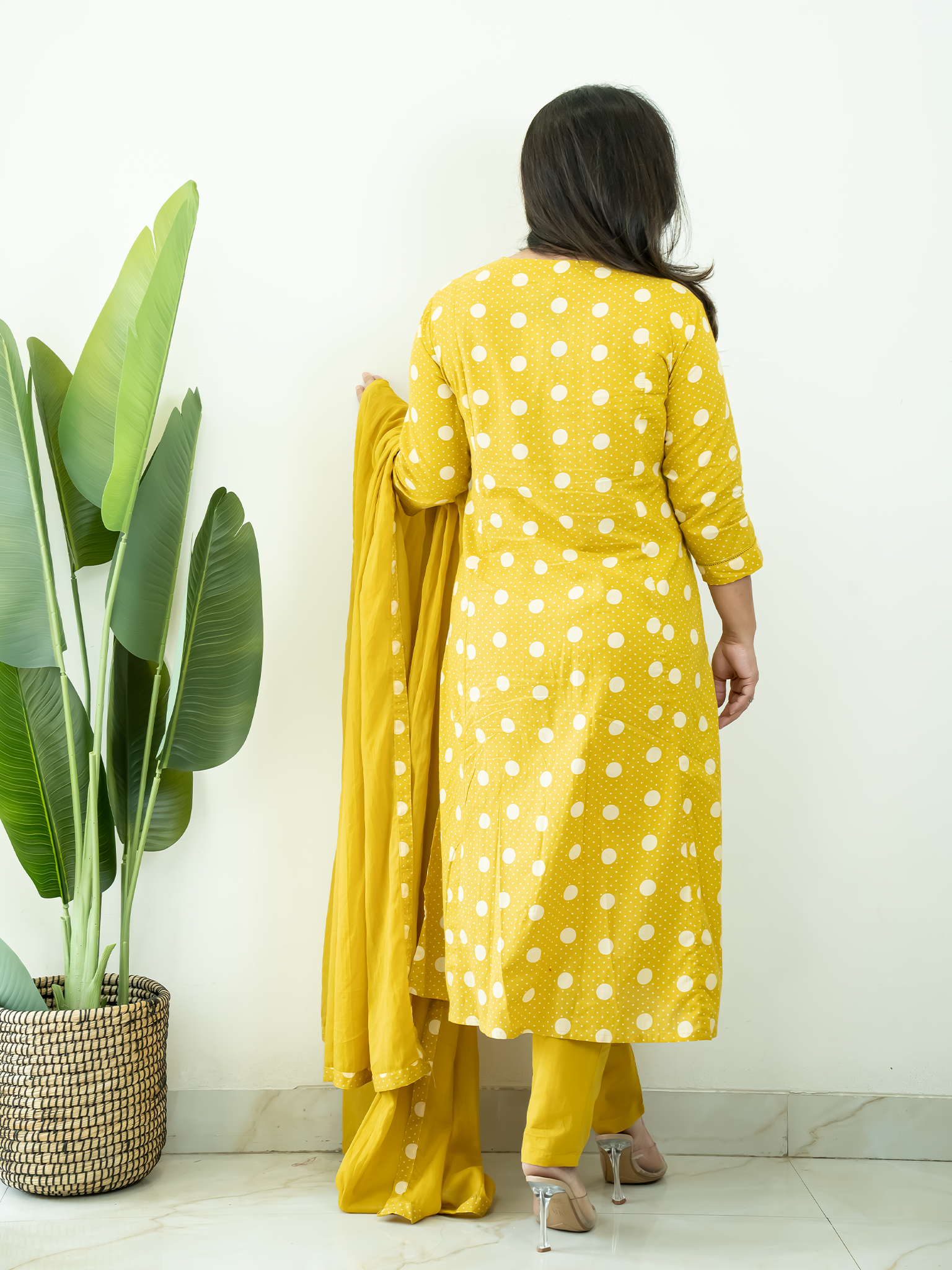 Nisa Yellow Polka Mirror Detailed A-line Dupatta Set