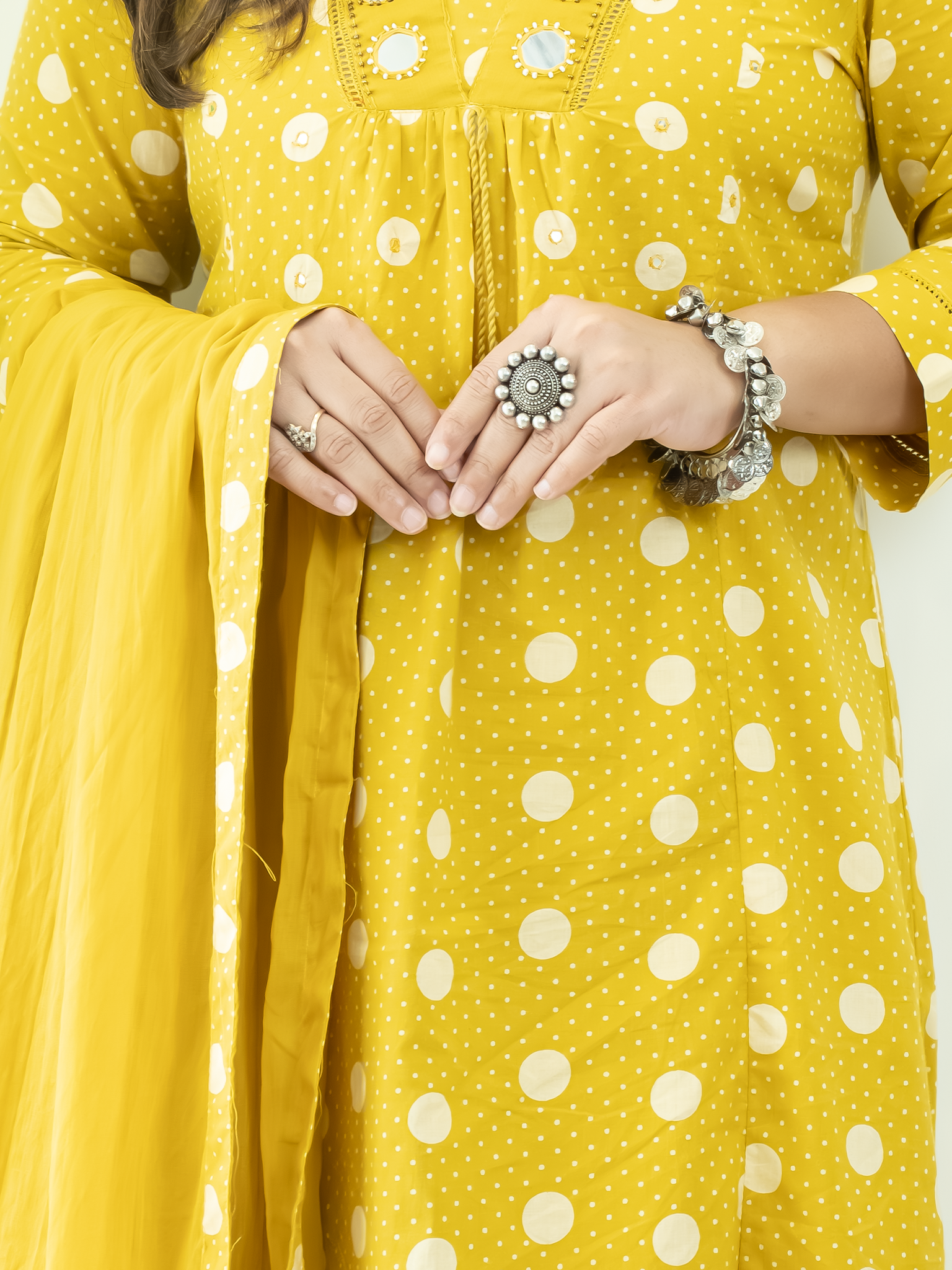Nisa Yellow Polka Mirror Detailed A-line Dupatta Set
