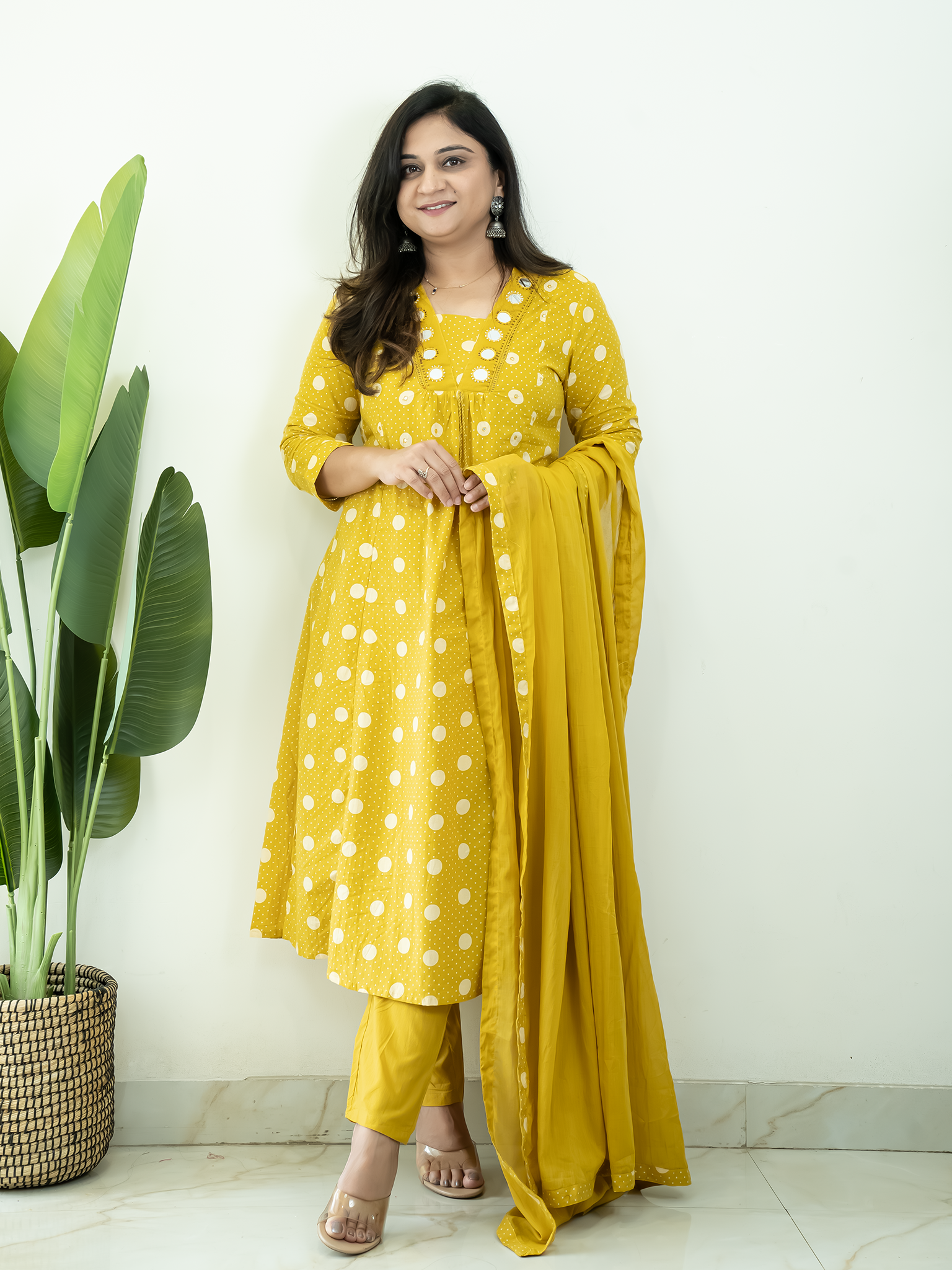 Nisa Yellow Polka Mirror Detailed A-line Dupatta Set