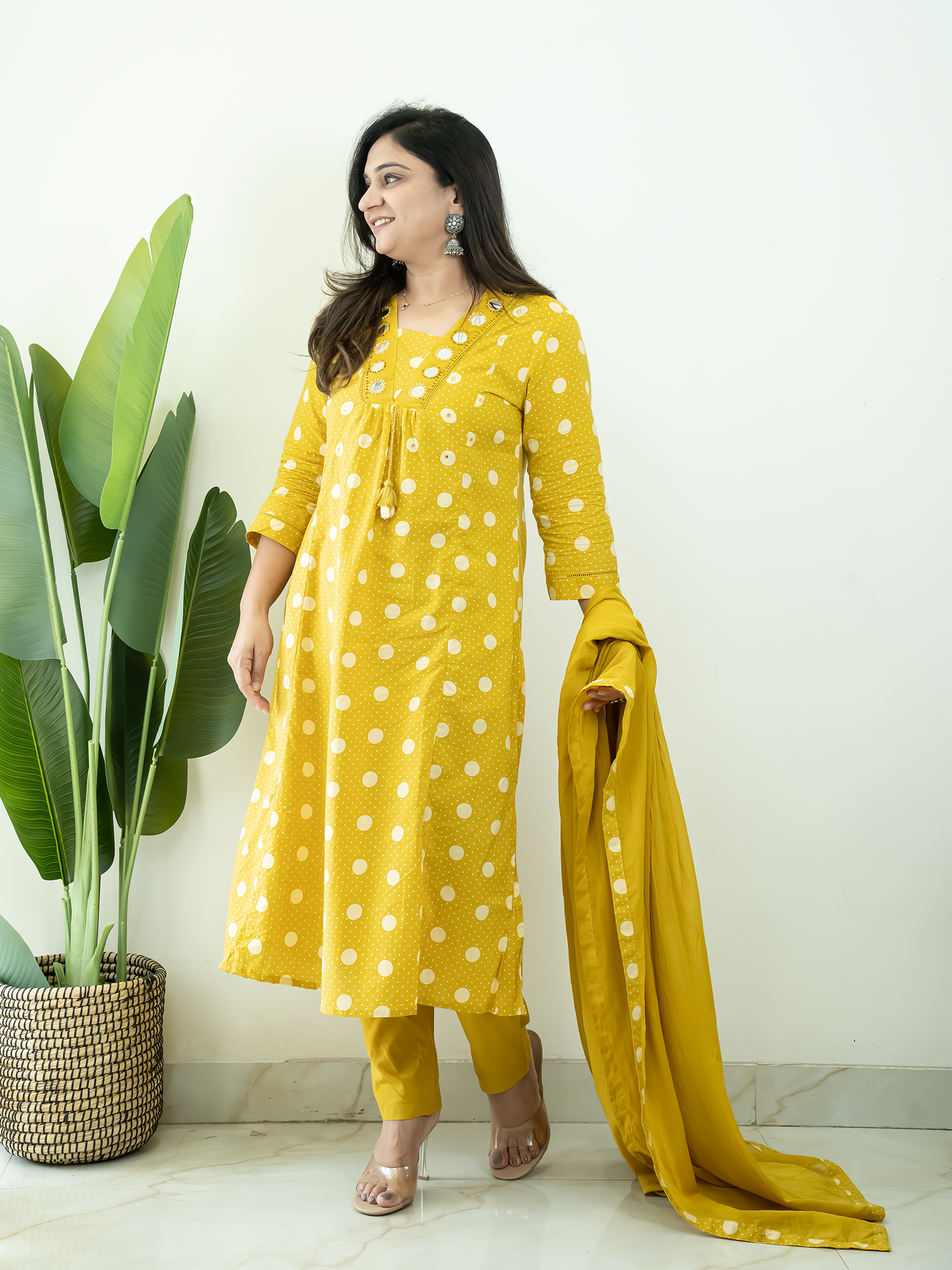 Nisa Yellow Polka Mirror Detailed A-line Dupatta Set