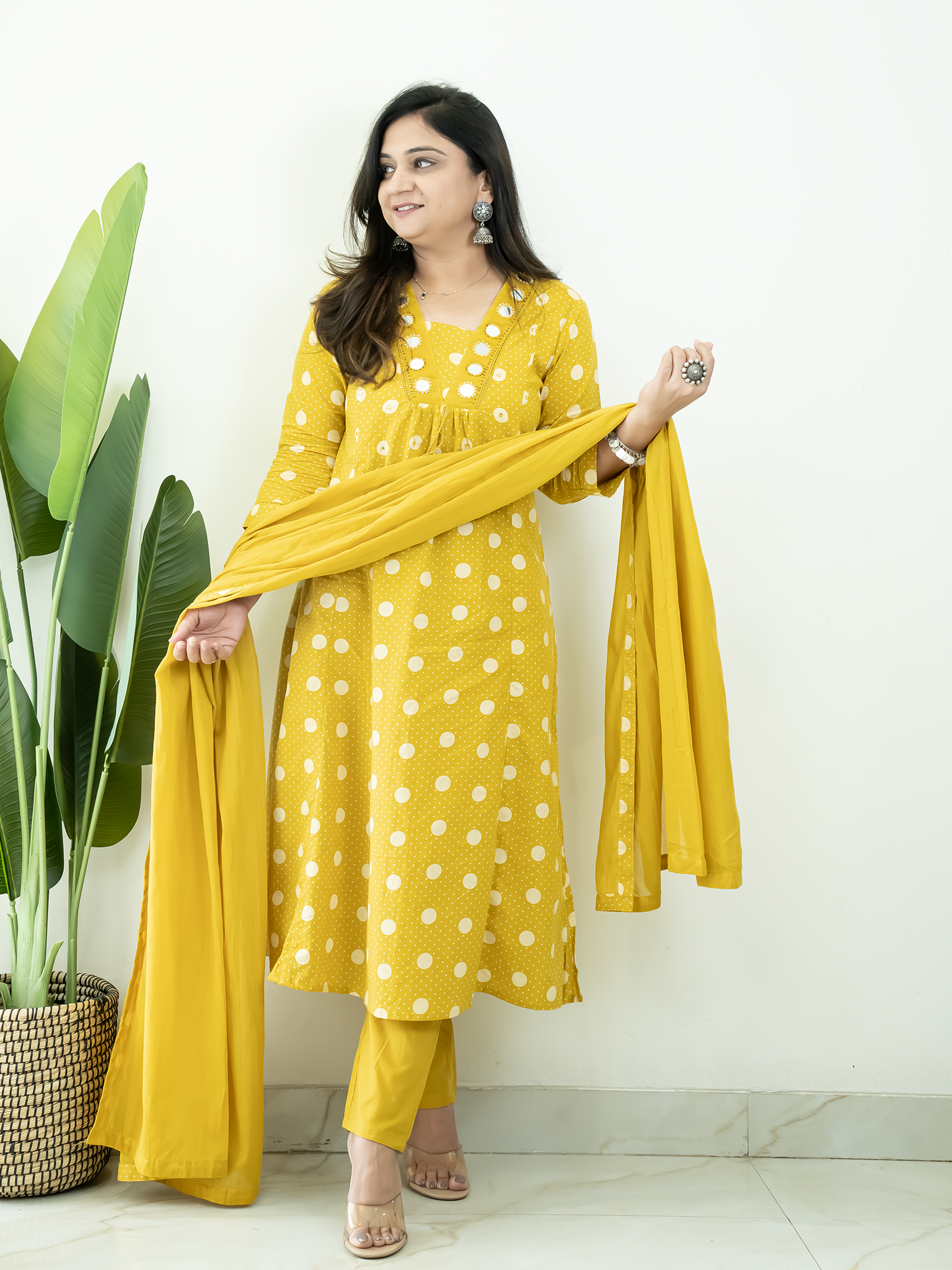 Nisa Yellow Polka Mirror Detailed A-line Dupatta Set