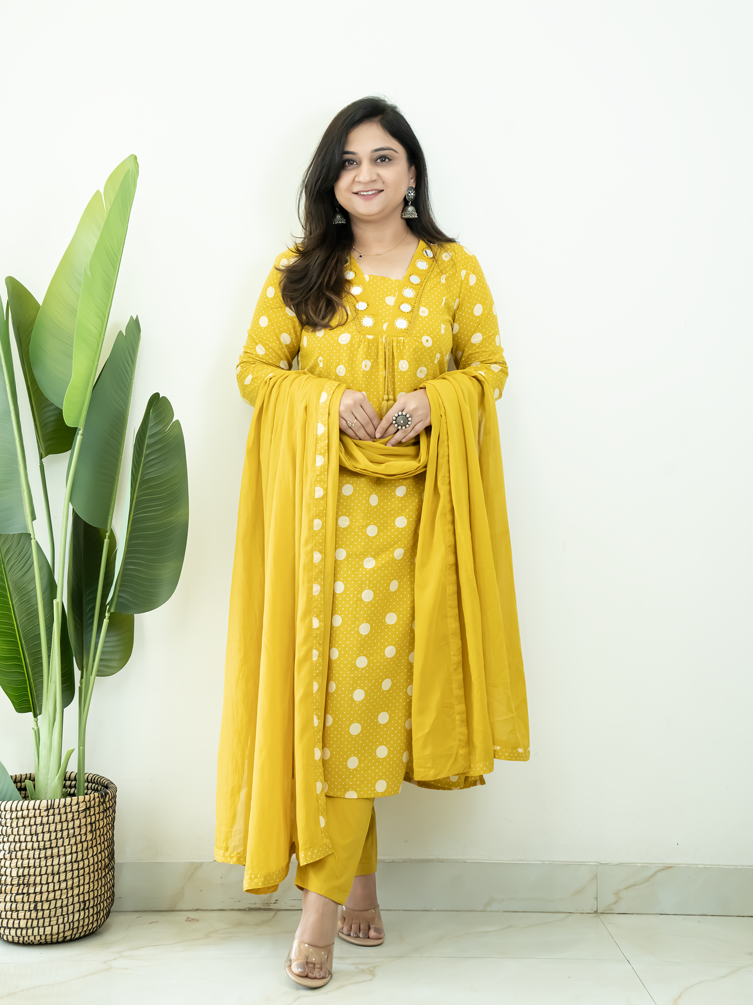 Nisa Yellow Polka Mirror Detailed A-line Dupatta Set