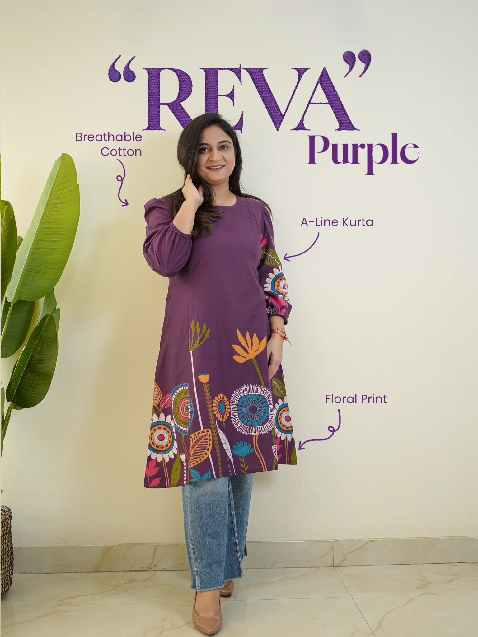 Reva Purple Cotton Floral A-line Kurta