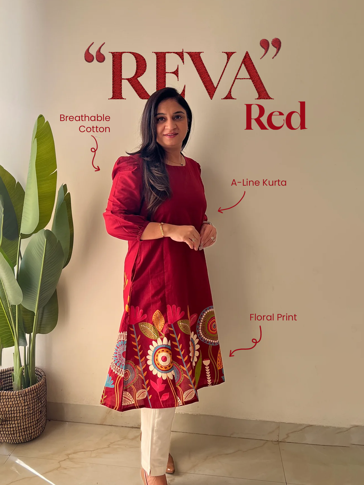 Reva Red Cotton Floral A-line Kurta