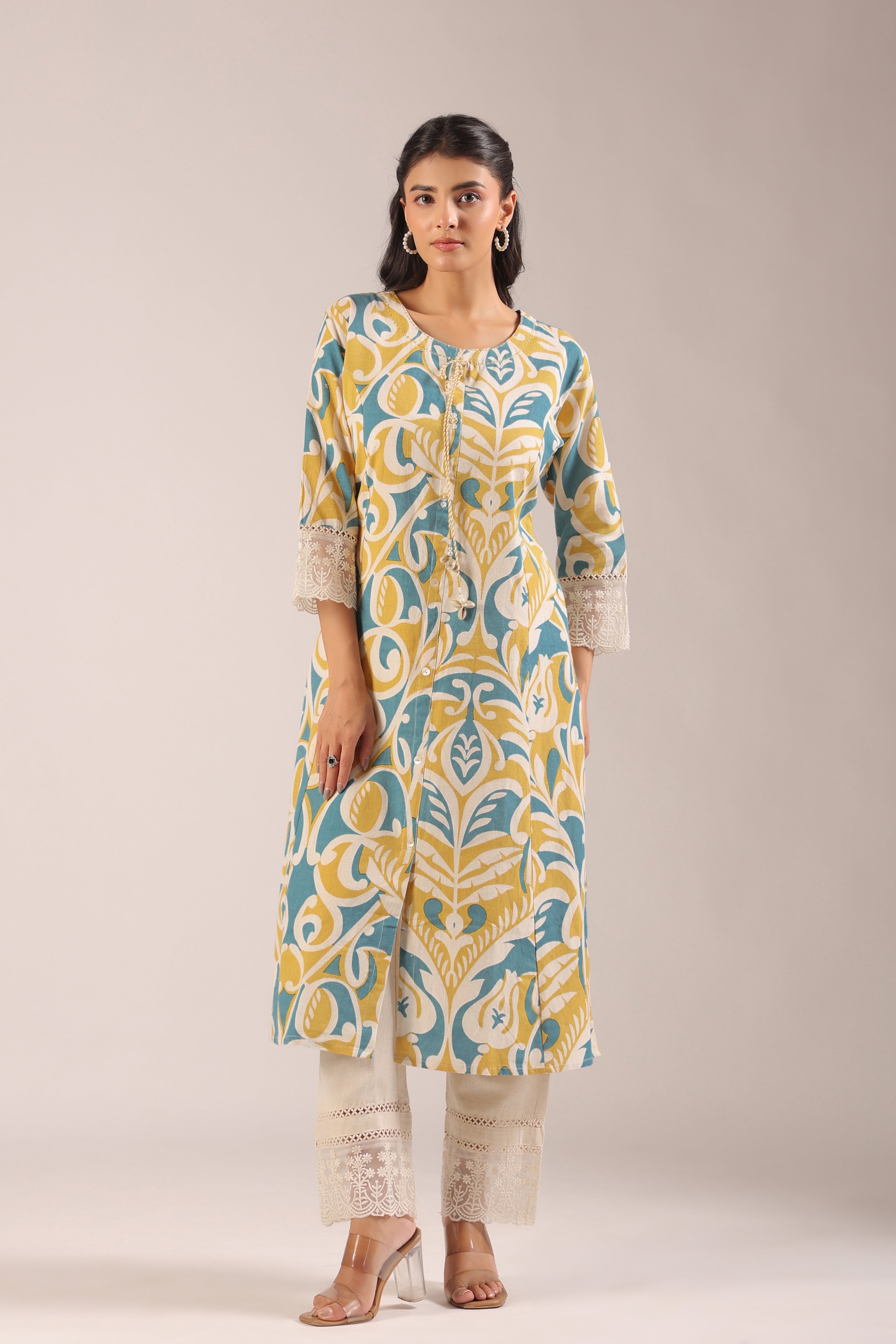 Yellow A-line Cotton casual Pant Set