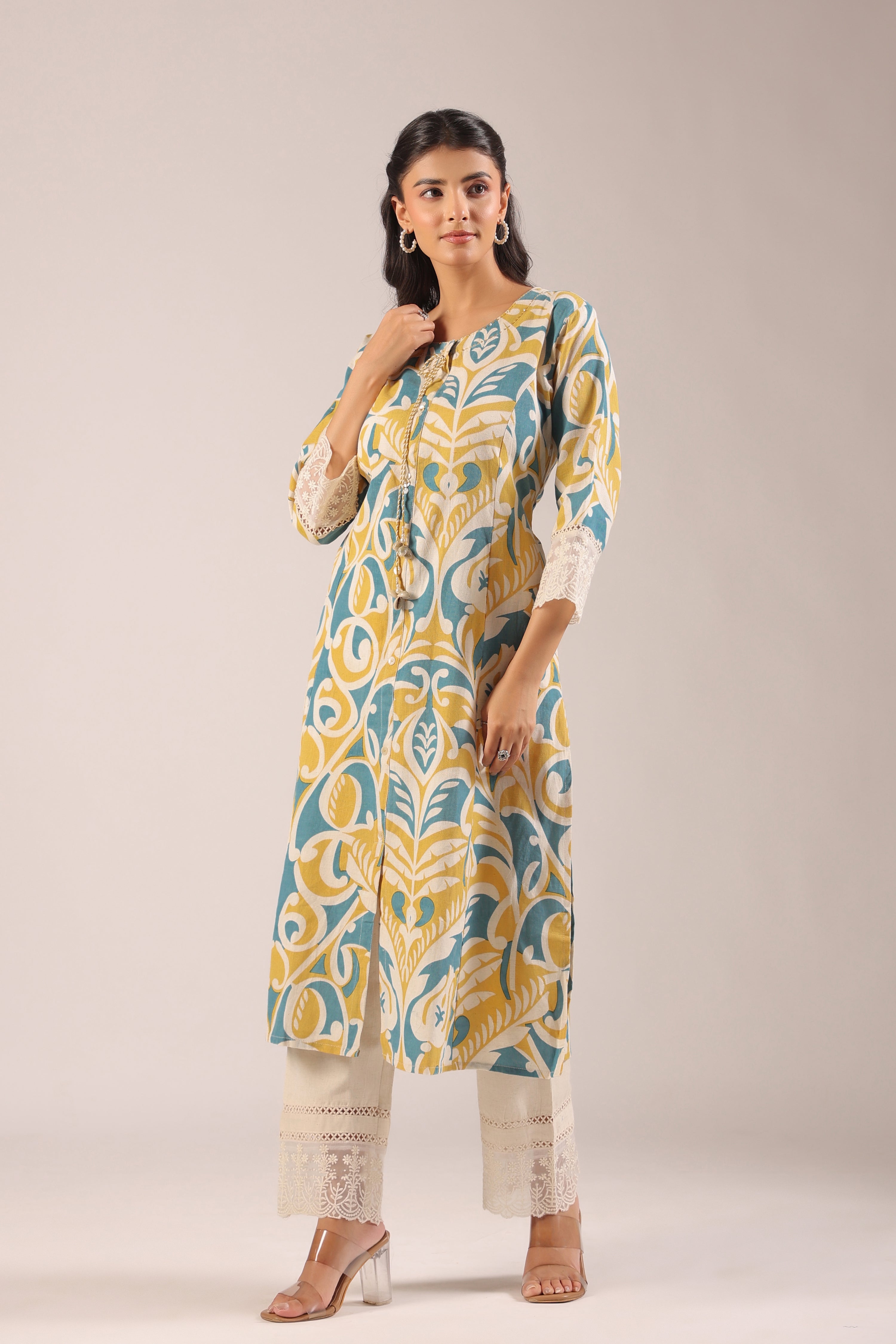 Yellow A-line Cotton casual Pant Set