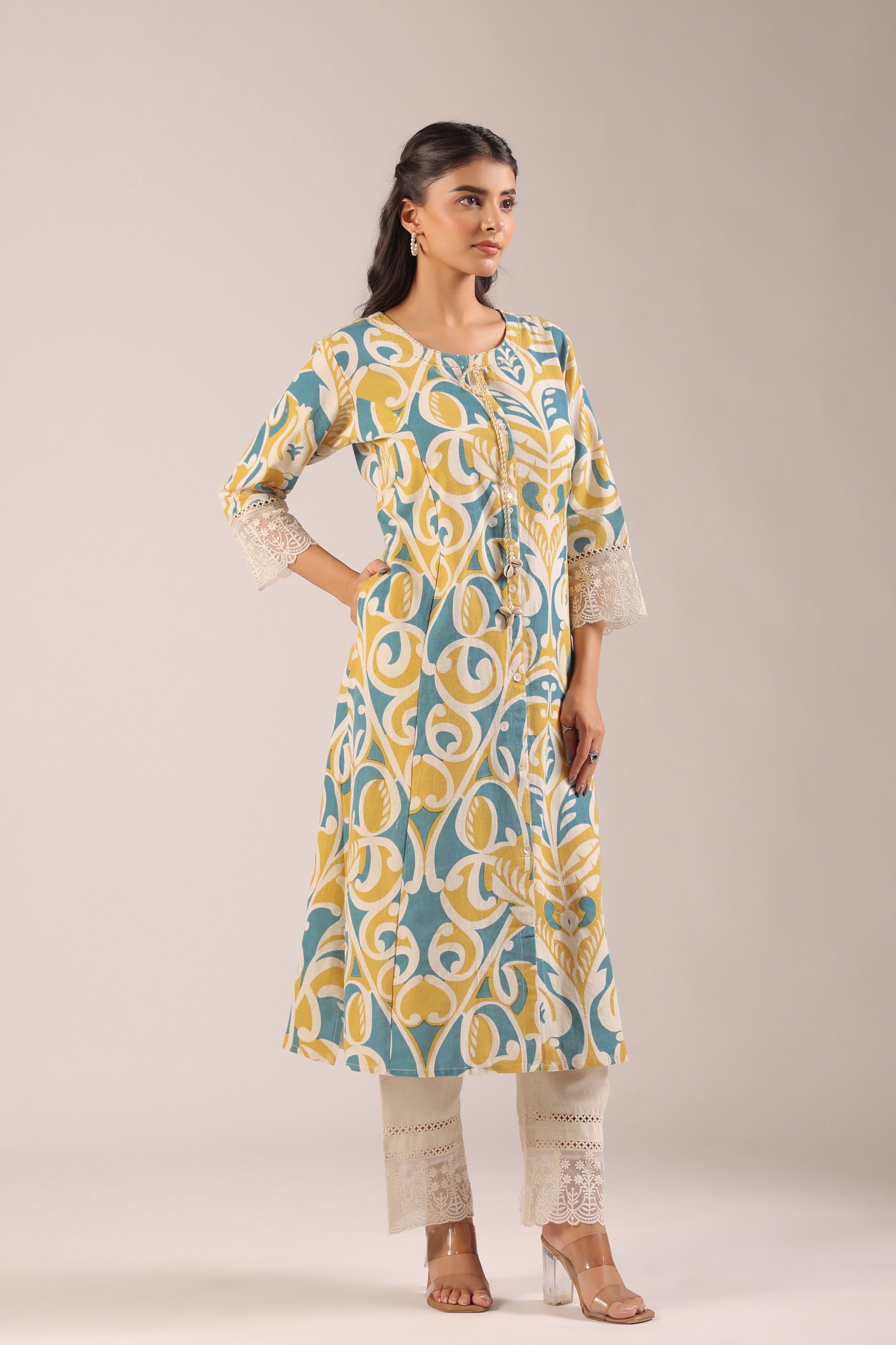 Yellow A-line Cotton casual Pant Set