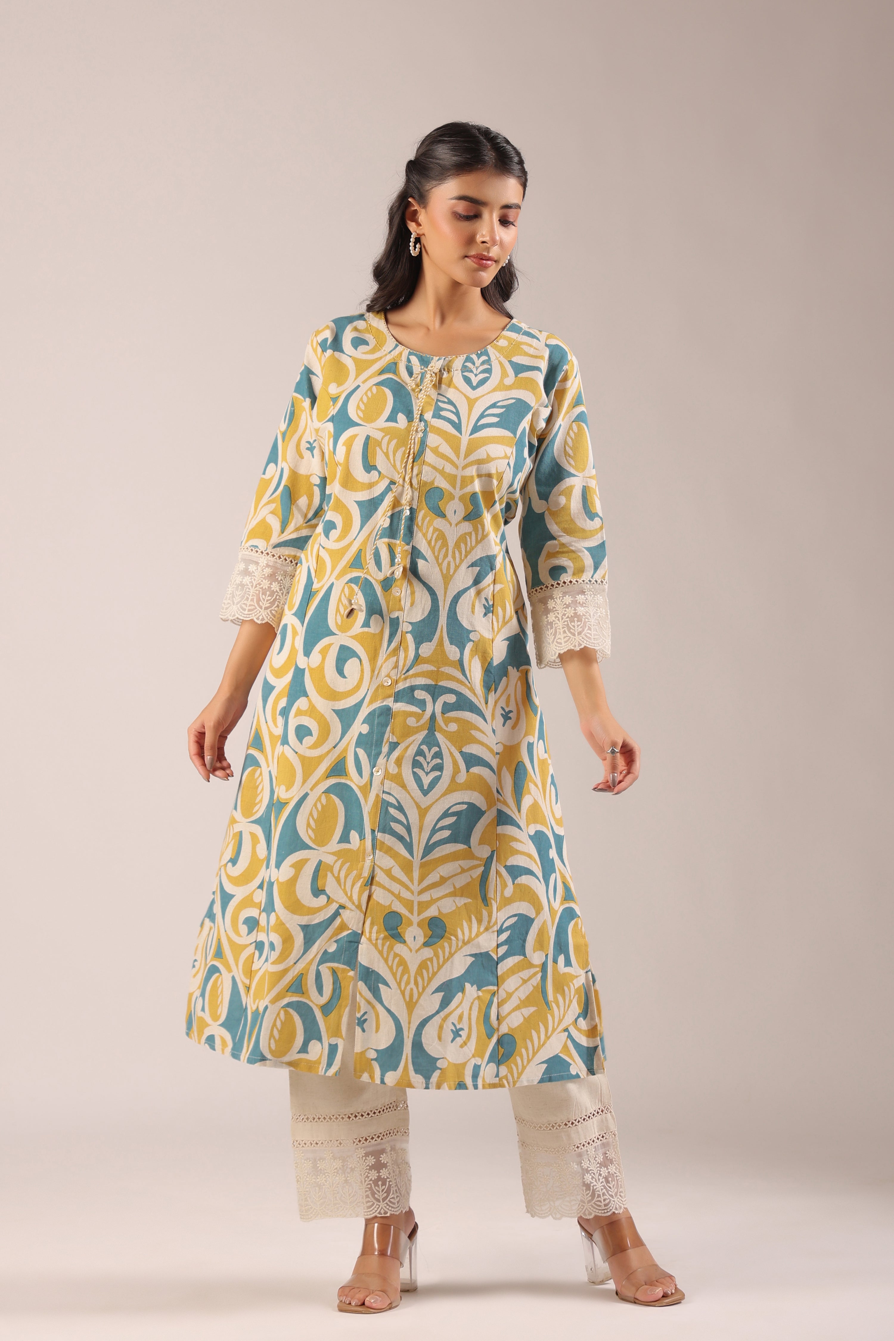 Yellow A-line Cotton casual Pant Set