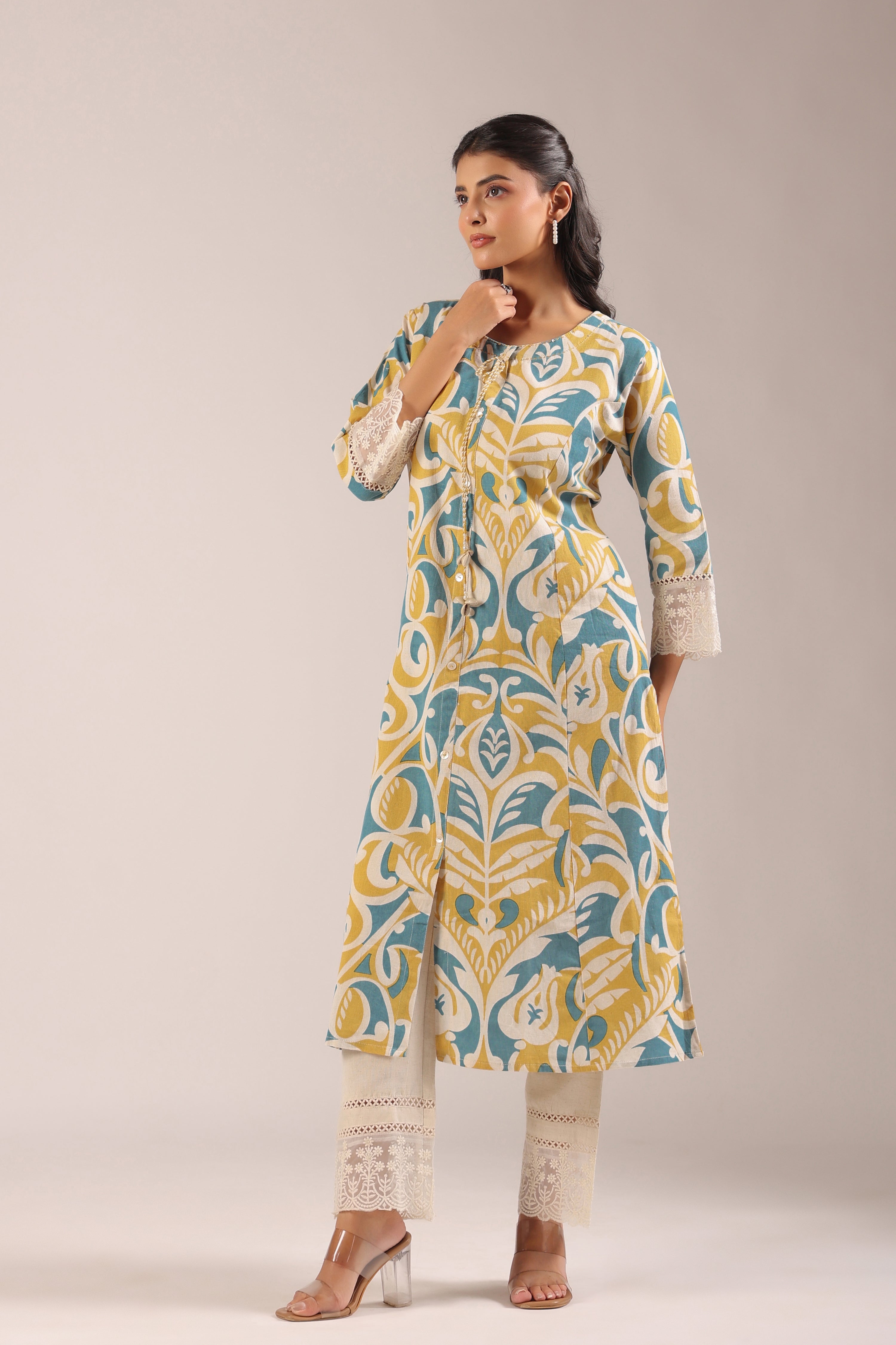 Yellow A-line Cotton casual Pant Set