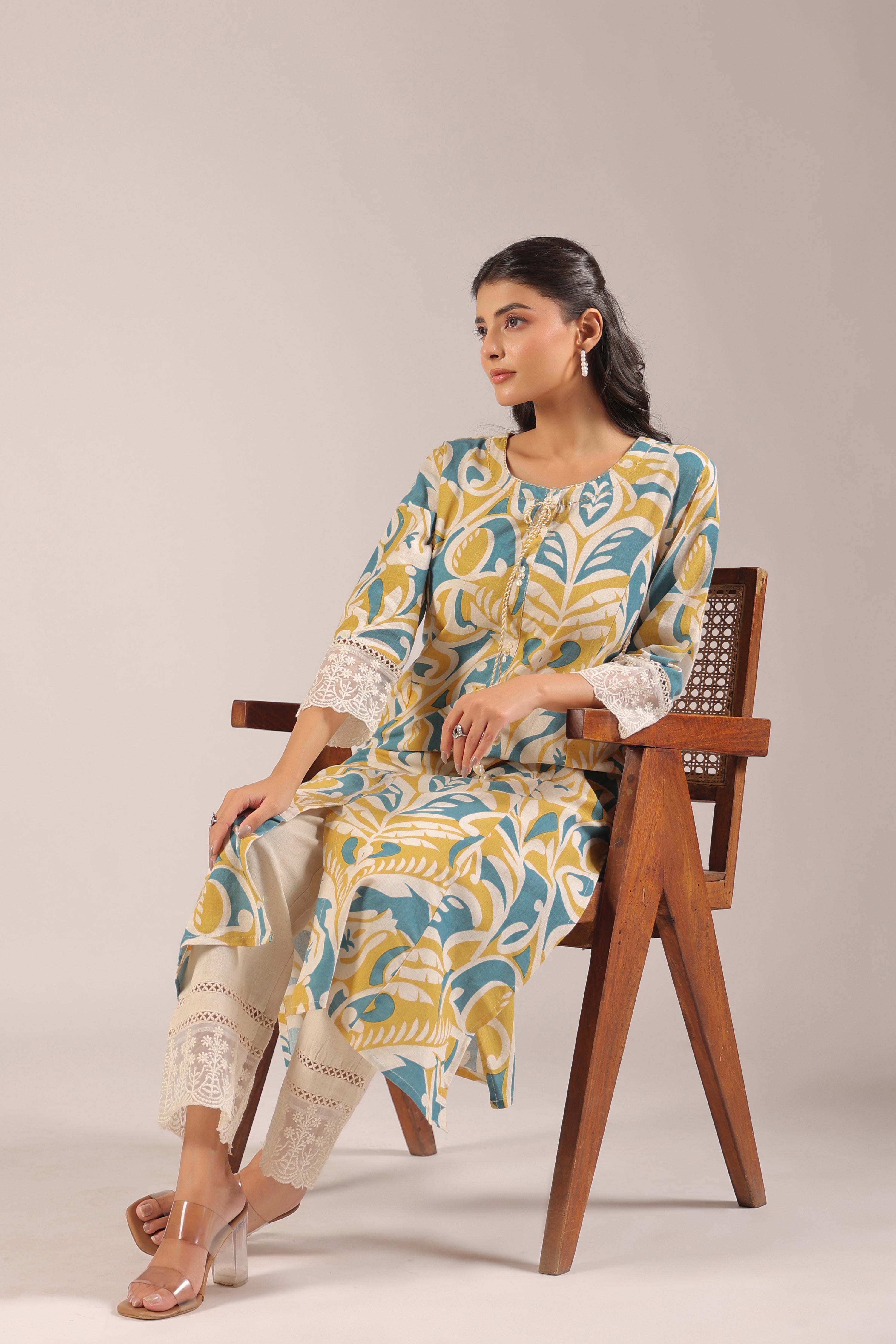Yellow A-line Cotton casual Pant Set