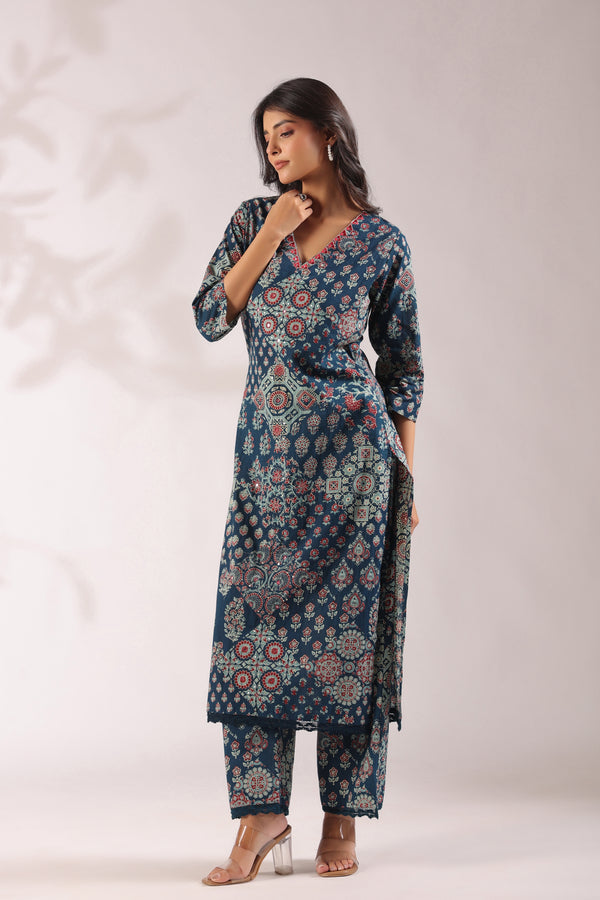 Ajrakh Embroidered Cotton Coord Set